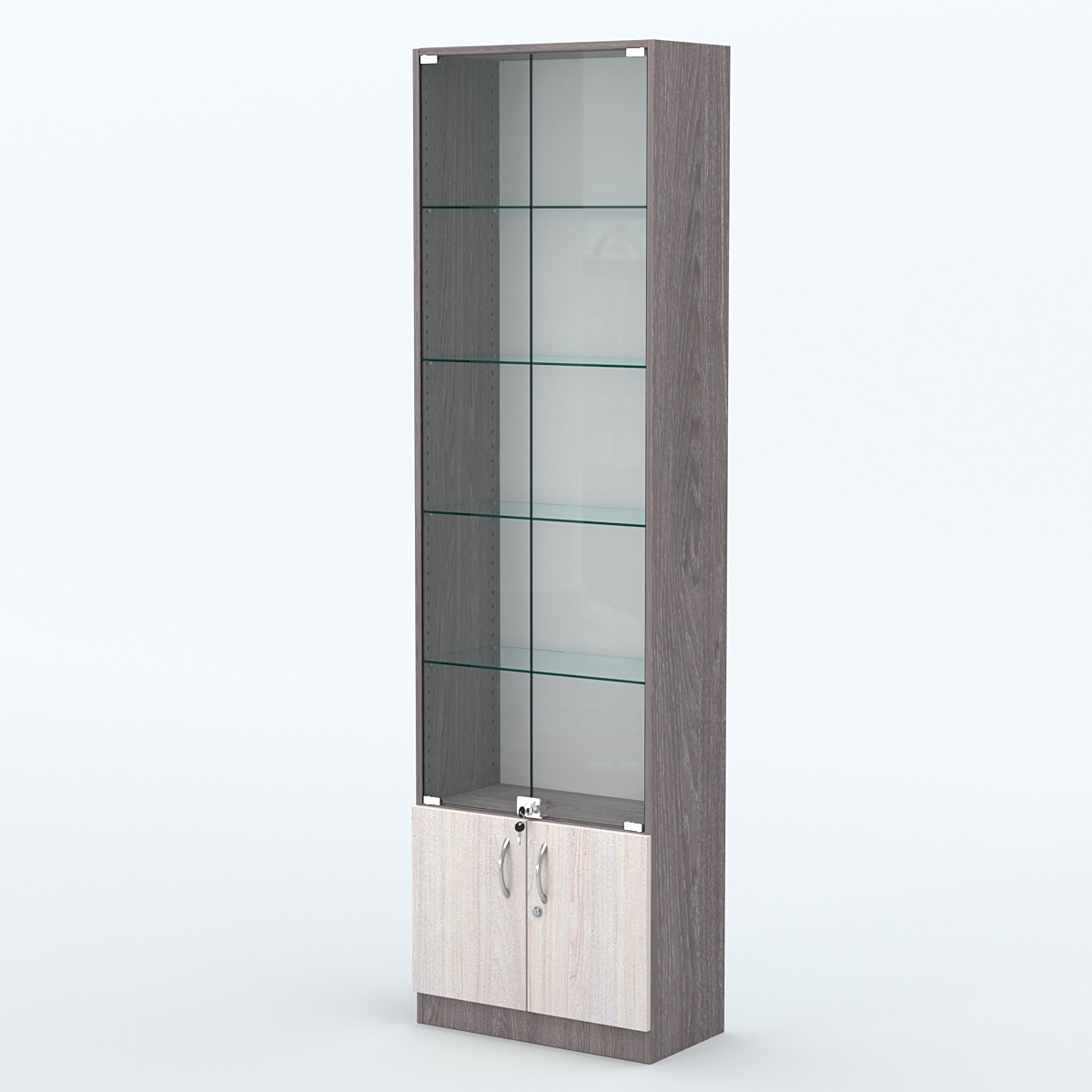 Торговая витрина с 4-мя стеклянными полками 300x600 мм серии NEXT-4 №5 (З/C - ДВП) Ясень Анкор темный + Ясень Анкор светлый