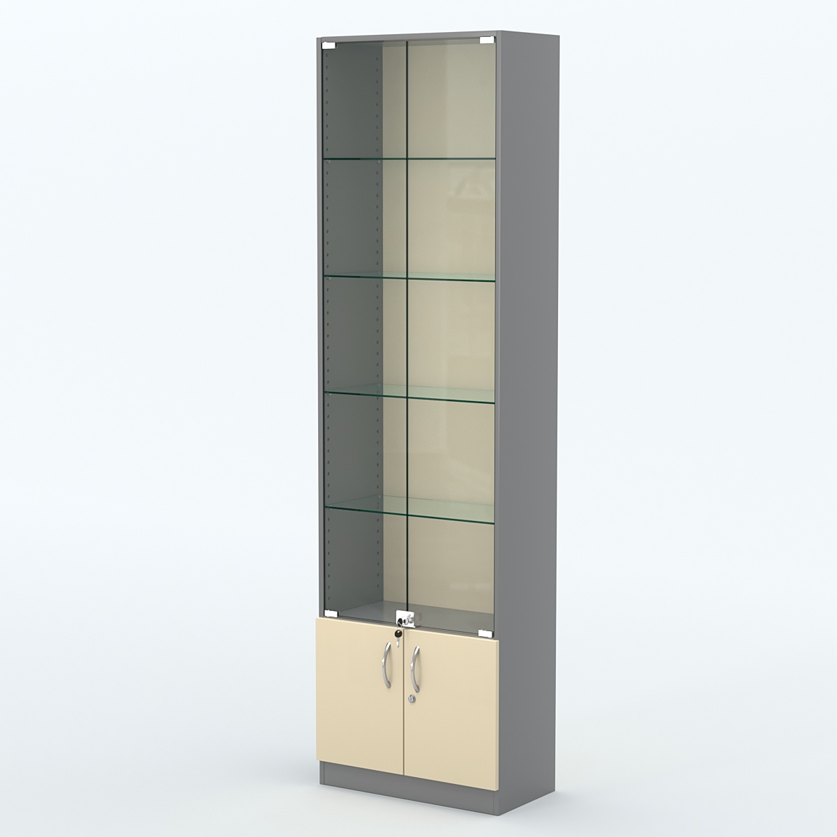 Торговая витрина с 4-мя стеклянными полками 300x600 мм серии NEXT-4 №5 (З/C - ДВП) Темно-серый + Крем Вайс