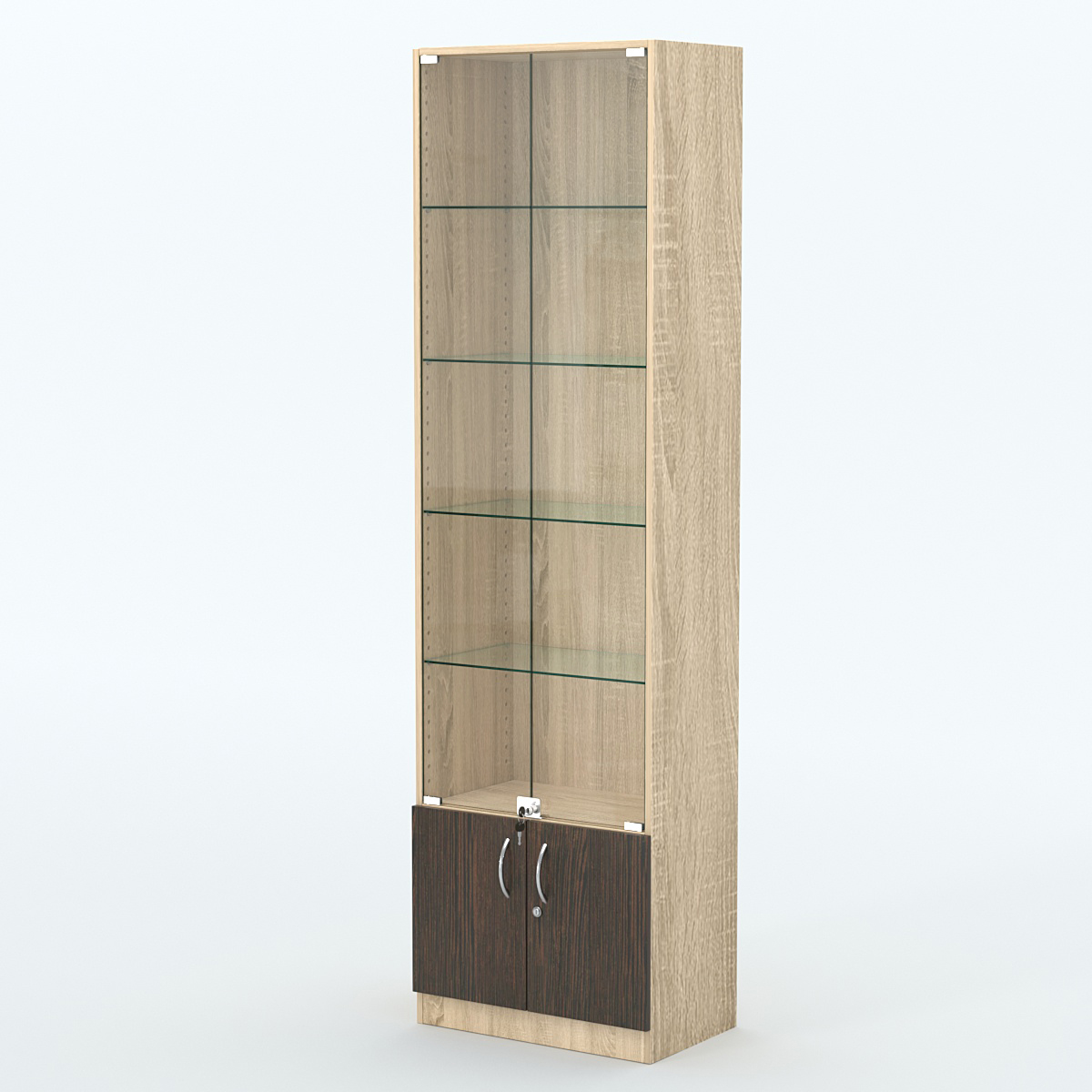 Торговая витрина с 4-мя стеклянными полками 350x600 мм серии NEXT-4 №6 (З/C - ДВП) Дуб Сонома + Дуб Венге