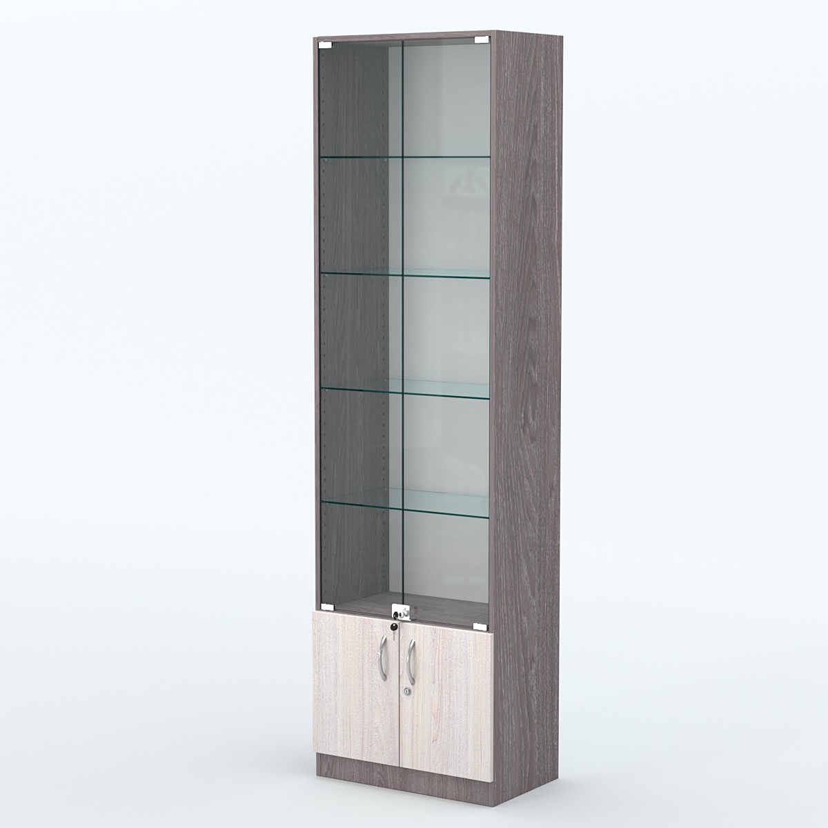 Торговая витрина с 4-мя стеклянными полками 350x600 мм серии NEXT-4 №6 (З/C - ДВП) Ясень Анкор темный + Ясень Анкор светлый
