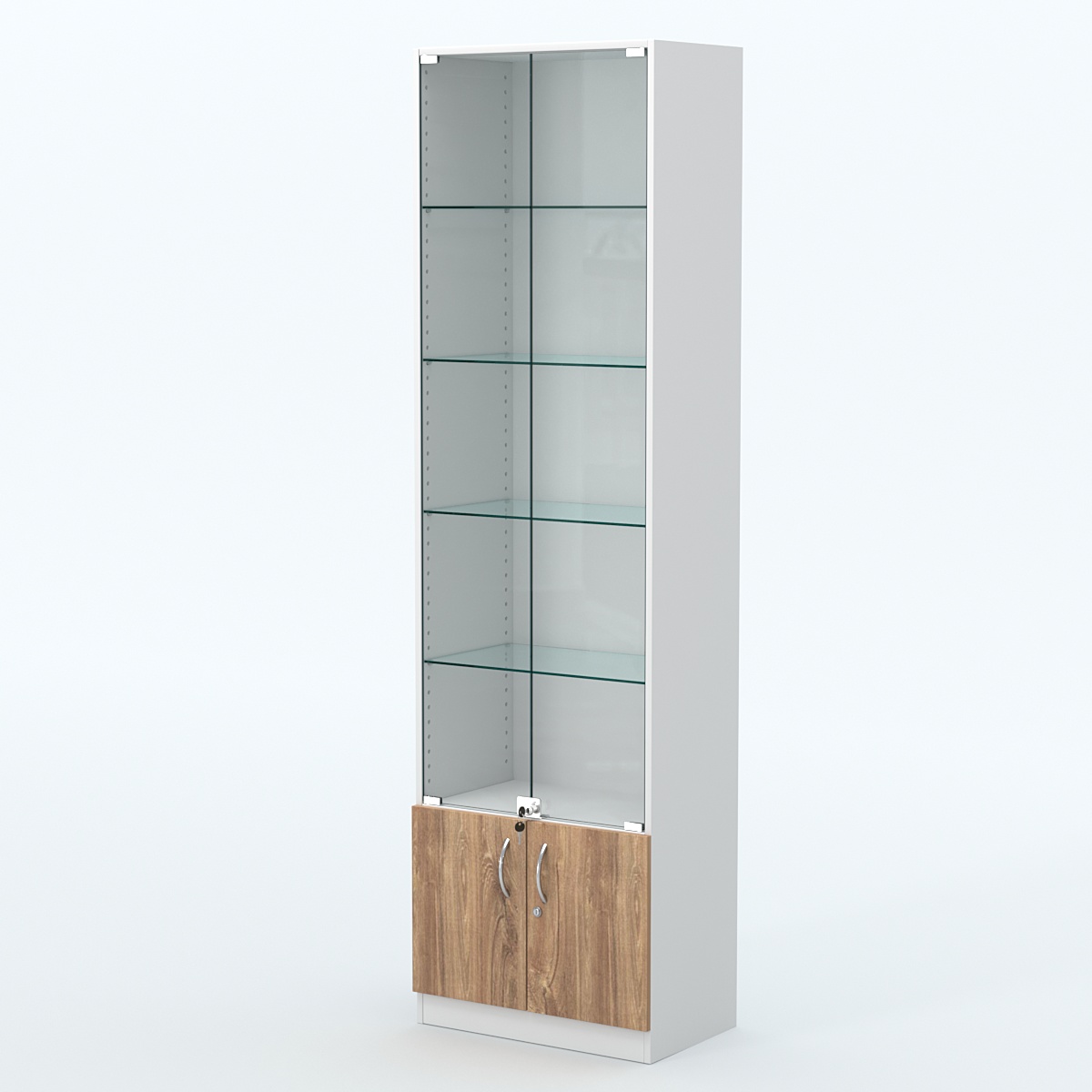 Торговая витрина с 4-мя стеклянными полками 350x600 мм серии NEXT-4 №6 (З/C - ДВП) Белый + Дуб канзас коричневый