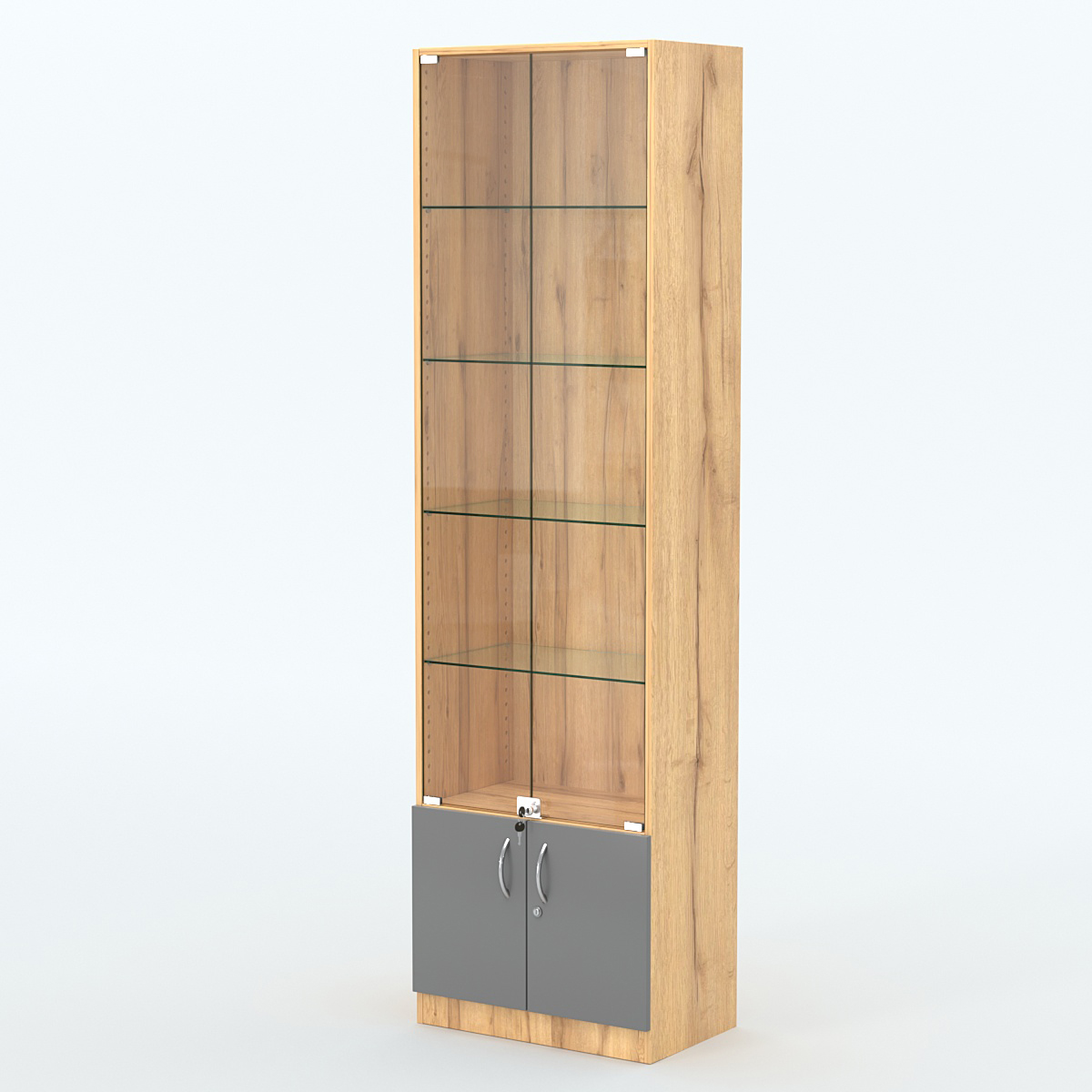 Торговая витрина с 4-мя стеклянными полками 350x600 мм серии NEXT-4 №6 (З/C - ДВП) Дуб Золотистый и Темно-Серый