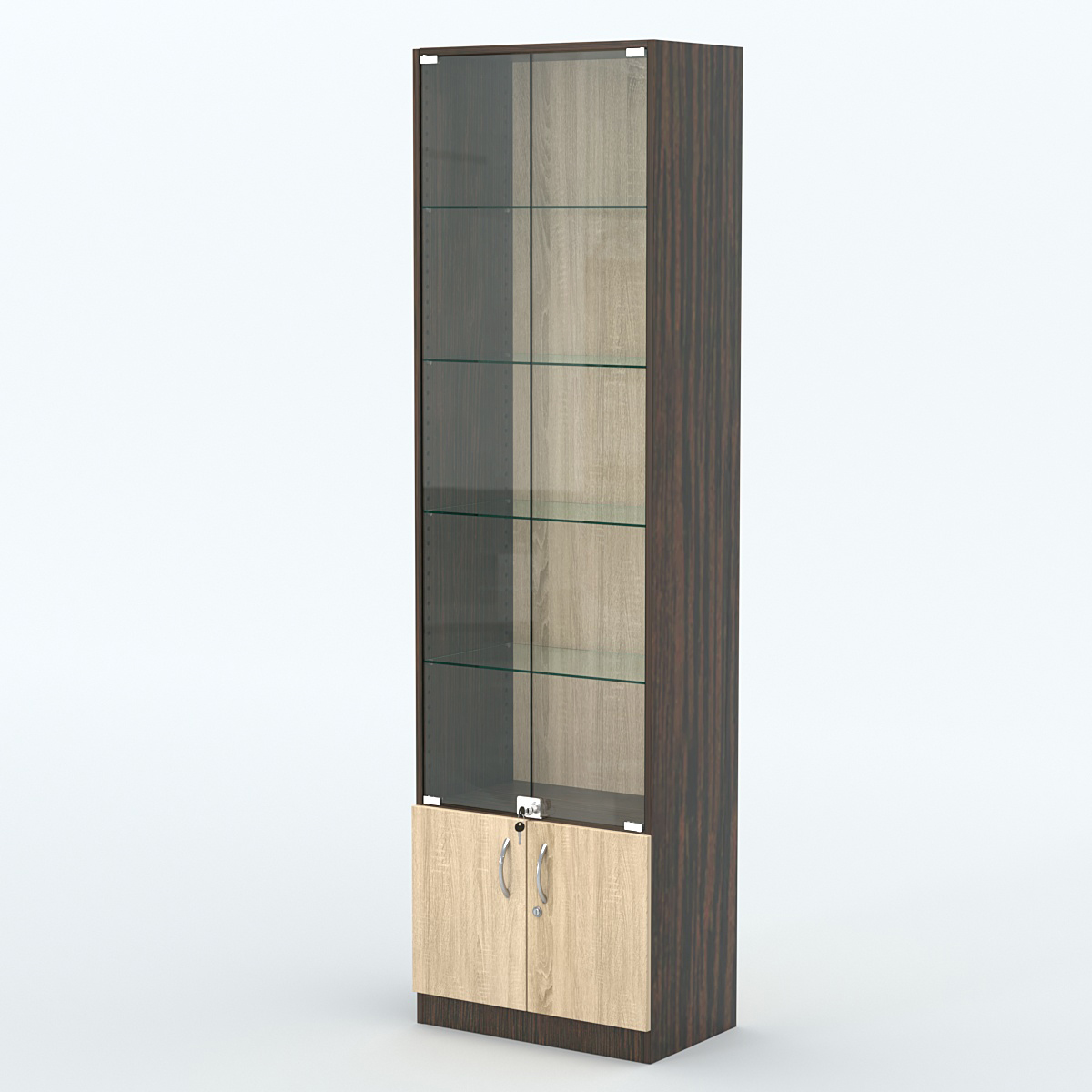 Торговая витрина с 4-мя стеклянными полками 350x600 мм серии NEXT-4 №6 (З/C - ДВП) Дуб Венге + Дуб Сонома