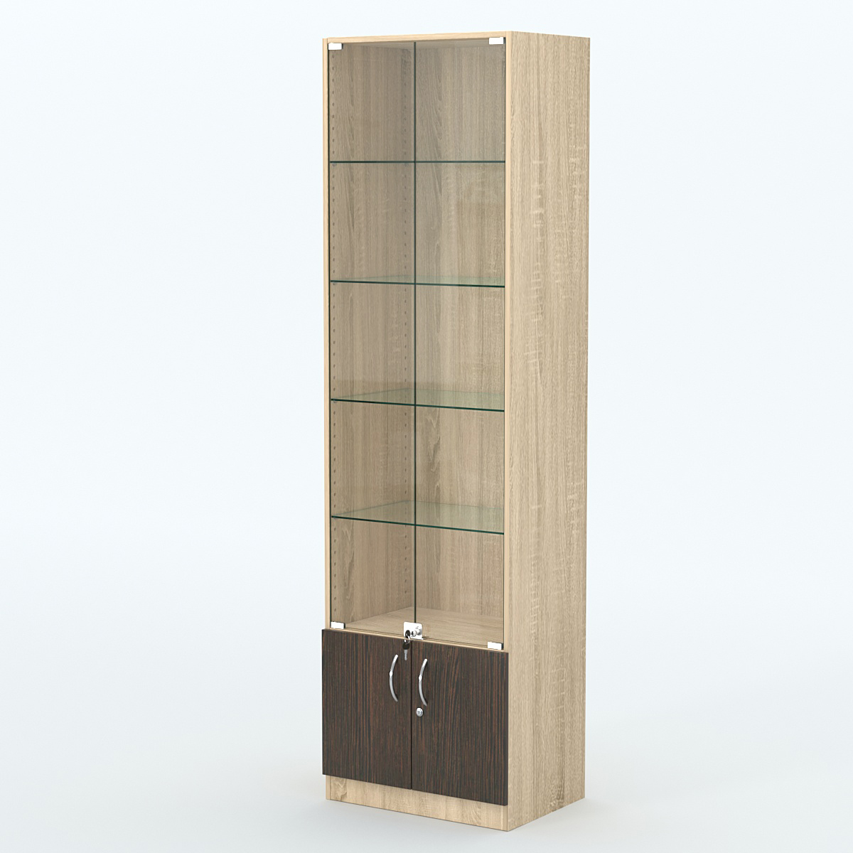 Торговая витрина с 4-мя стеклянными полками 400x600 мм серии NEXT-4 №7 (З/C - ДВП) Дуб Сонома + Дуб Венге