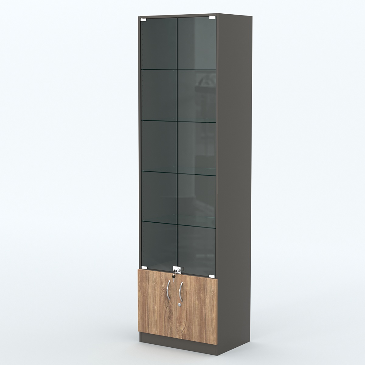 Торговая витрина с 4-мя стеклянными полками 400x600 мм серии NEXT-4 №7 (З/C - ДВП) Черный + Дуб Канзас Коричневый