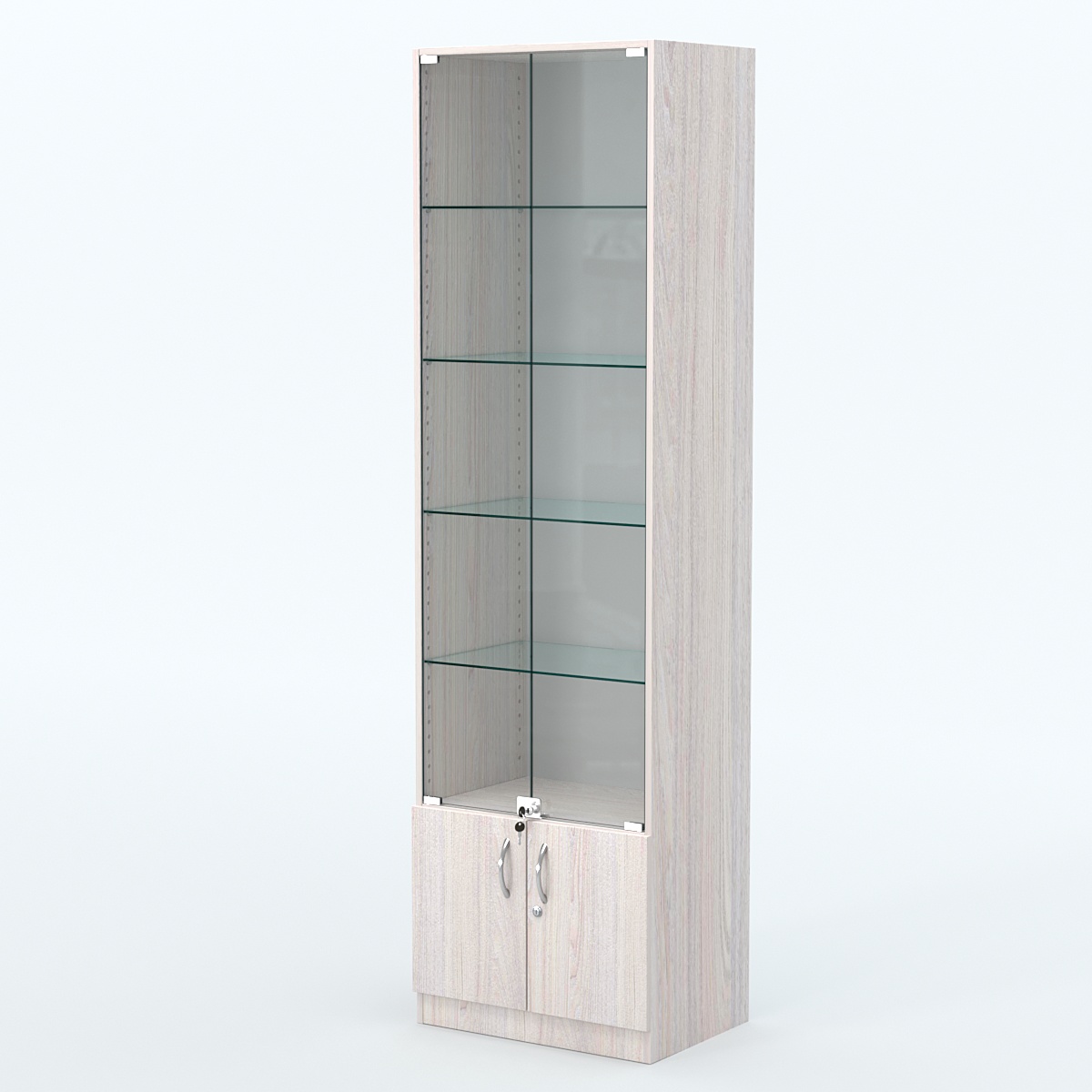 Торговая витрина с 4-мя стеклянными полками 400x600 мм серии NEXT-4 №7 (З/C - ДВП) Ясень Анкор светлый