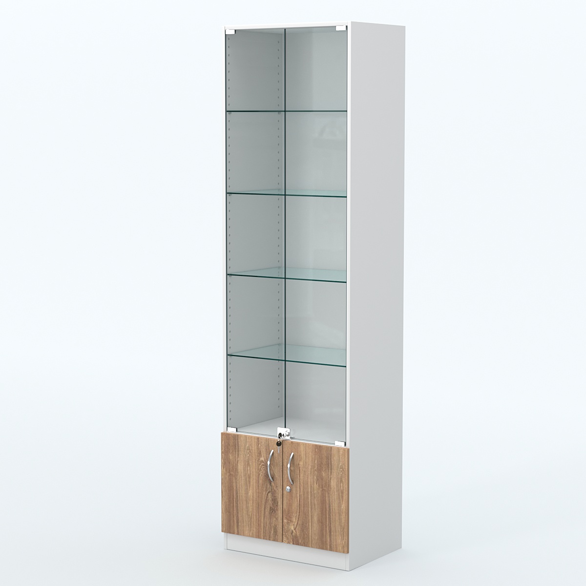 Торговая витрина с 4-мя стеклянными полками 400x600 мм серии NEXT-4 №7 (З/C - ДВП) Белый + Дуб канзас коричневый