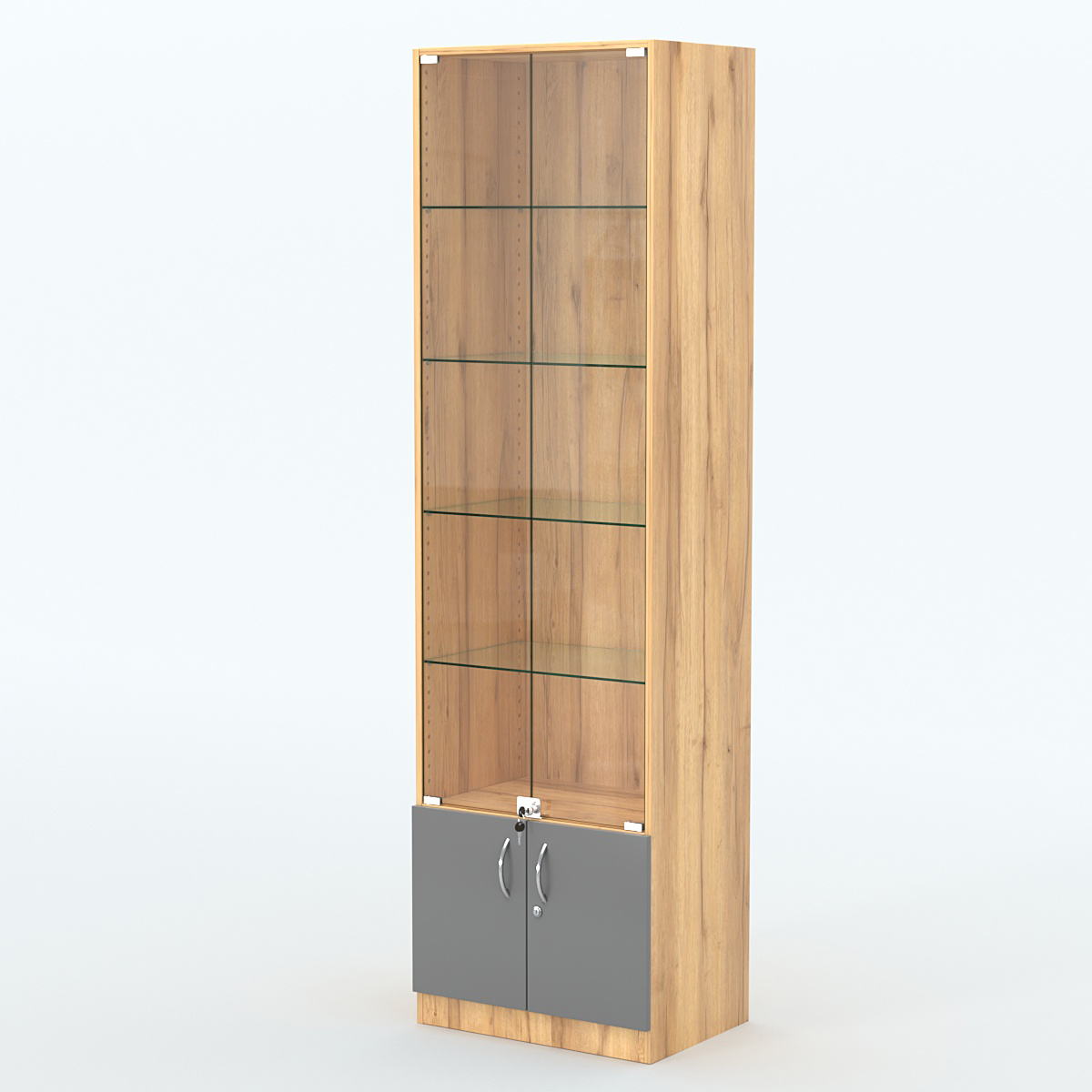 Торговая витрина с 4-мя стеклянными полками 400x600 мм серии NEXT-4 №7 (З/C - ДВП) Дуб Золотистый и Темно-Серый