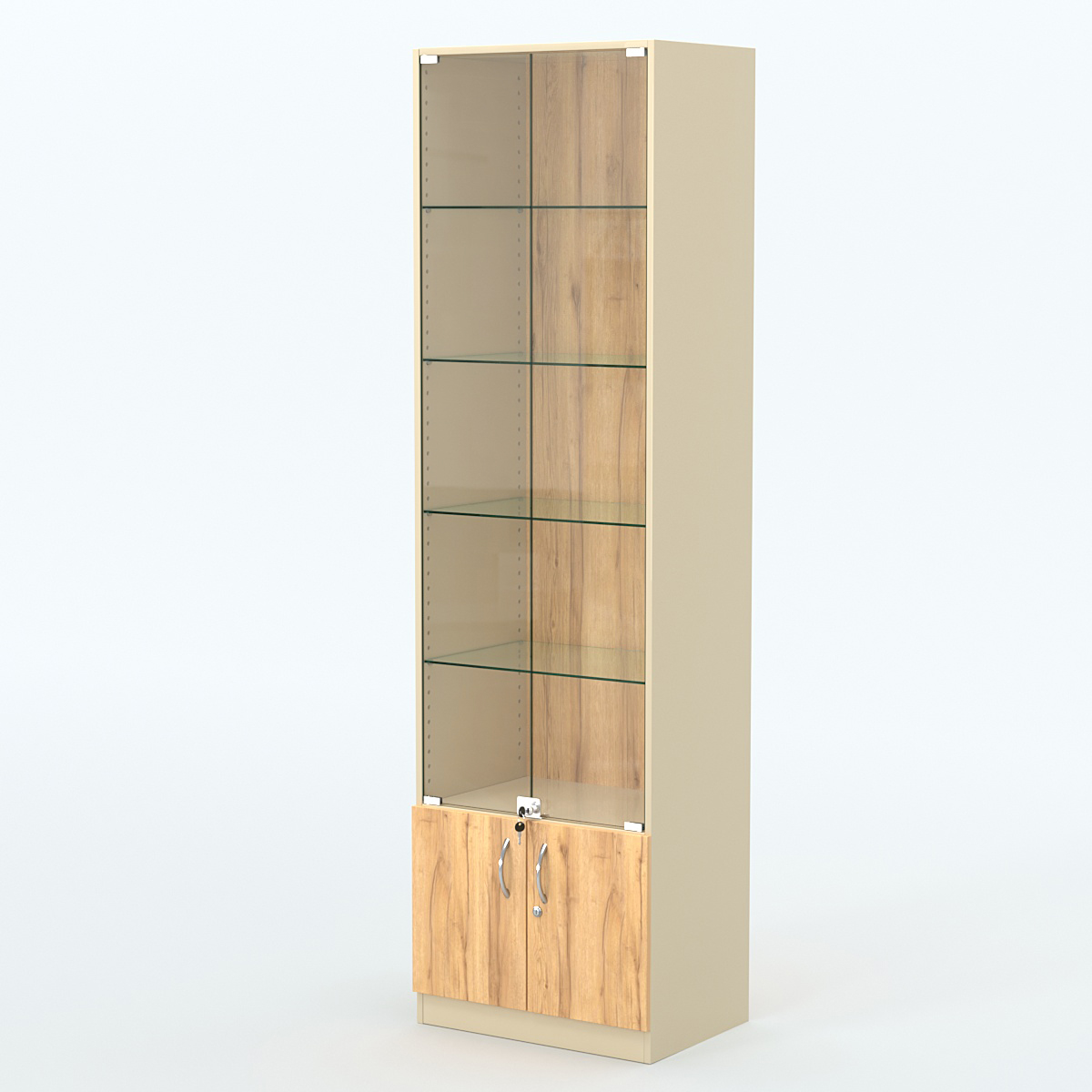 Торговая витрина с 4-мя стеклянными полками 400x600 мм серии NEXT-4 №7 (З/C - ДВП) Крем Вайс и Дуб Золотистый