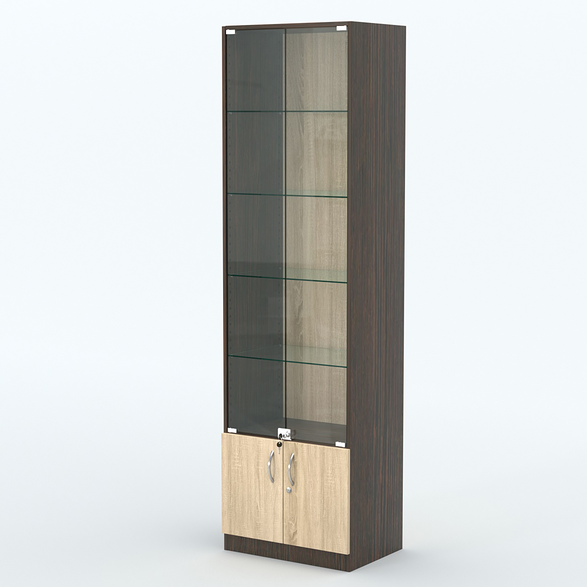 Торговая витрина с 4-мя стеклянными полками 400x600 мм серии NEXT-4 №7 (З/C - ДВП) Дуб Венге + Дуб Сонома