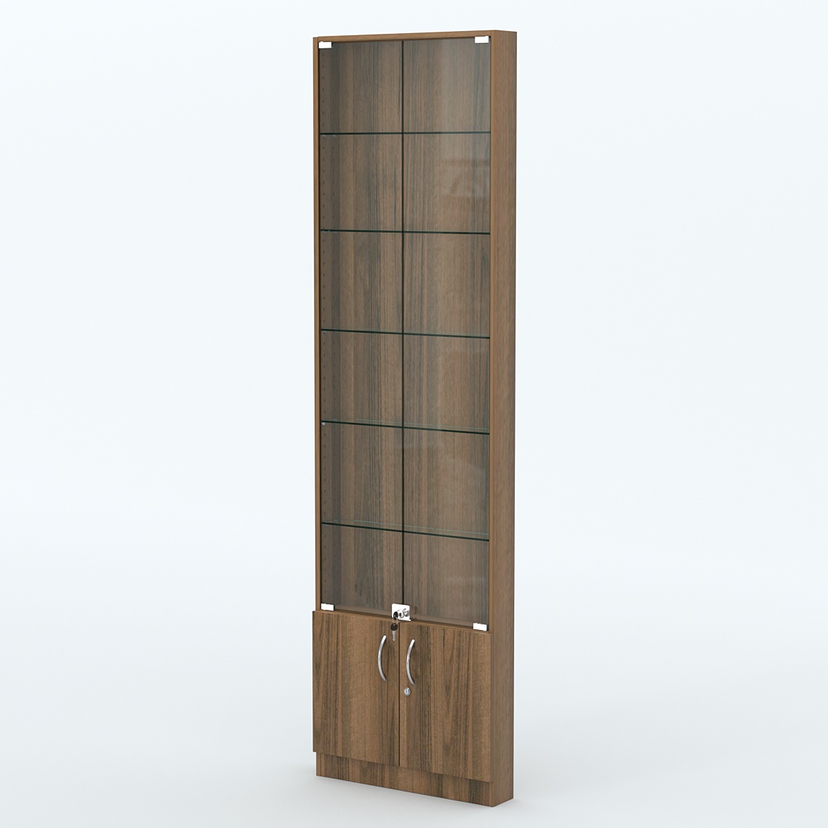 Торговая витрина с 5-ю стеклянными полками 100x600 мм серии NEXT-5 №1 (З/C - ДВП) Орех