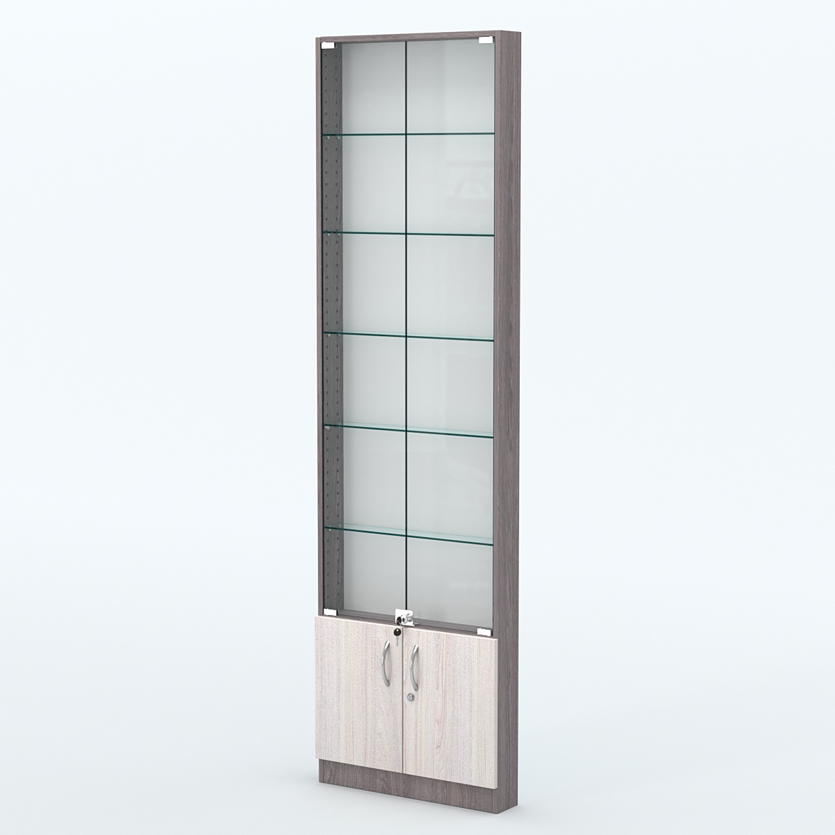 Торговая витрина с 5-ю стеклянными полками 100x600 мм серии NEXT-5 №1 (З/C - ДВП) Ясень Анкор темный + Ясень Анкор светлый