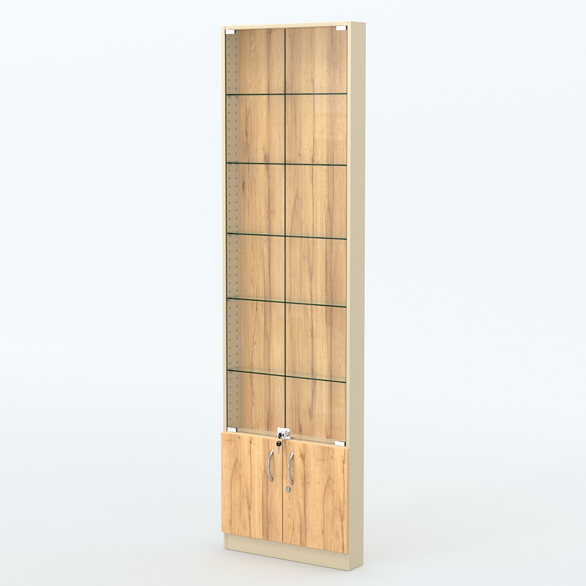 Торговая витрина с 5-ю стеклянными полками 100x600 мм серии NEXT-5 №1 (З/C - ДВП) Крем Вайс и Дуб Золотистый