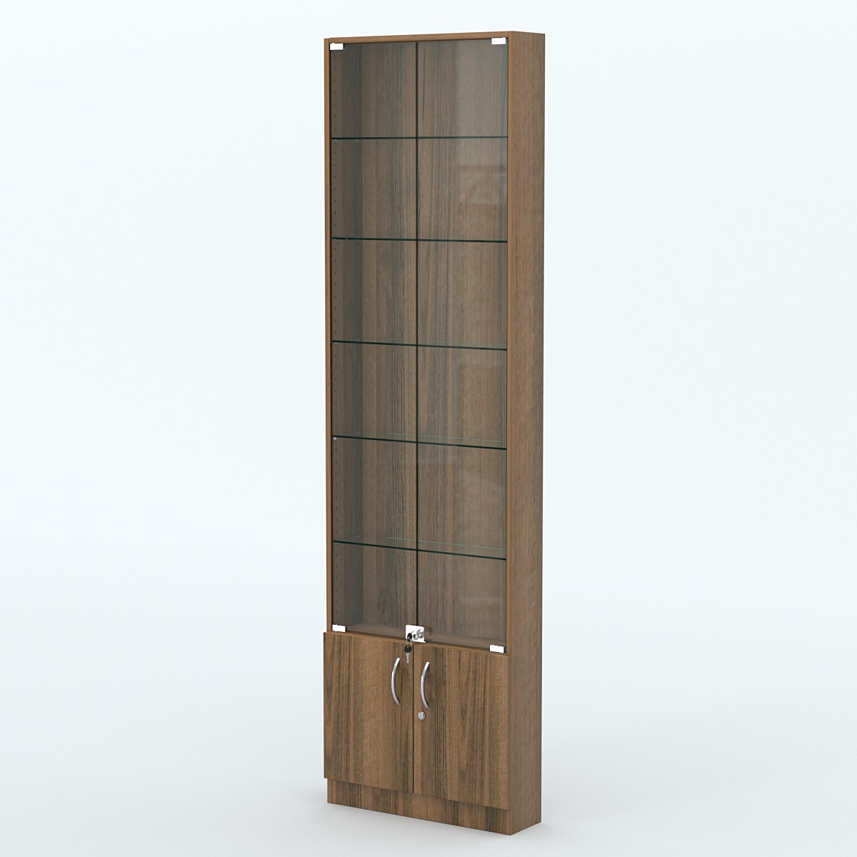 Торговая витрина с 5-ю стеклянными полками 150x600 мм серии NEXT-5 №2 (З/C - ДВП) Орех