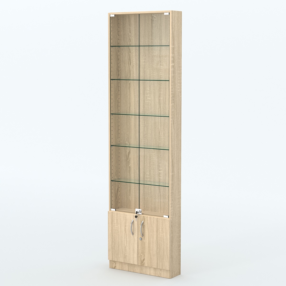 Торговая витрина с 5-ю стеклянными полками 150x600 мм серии NEXT-5 №2 (З/C - ДВП) Дуб сонома