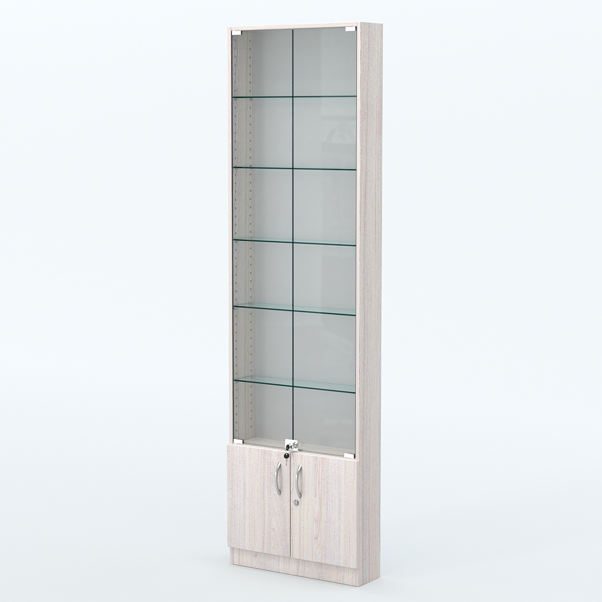 Торговая витрина с 5-ю стеклянными полками 150x600 мм серии NEXT-5 №2 (З/C - ДВП) Ясень Анкор светлый