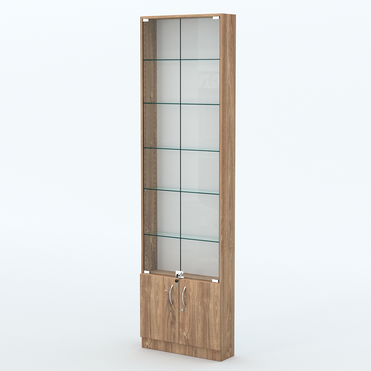 Торговая витрина с 5-ю стеклянными полками 150x600 мм серии NEXT-5 №2 (З/C - ДВП) Дуб Канзас коричневый