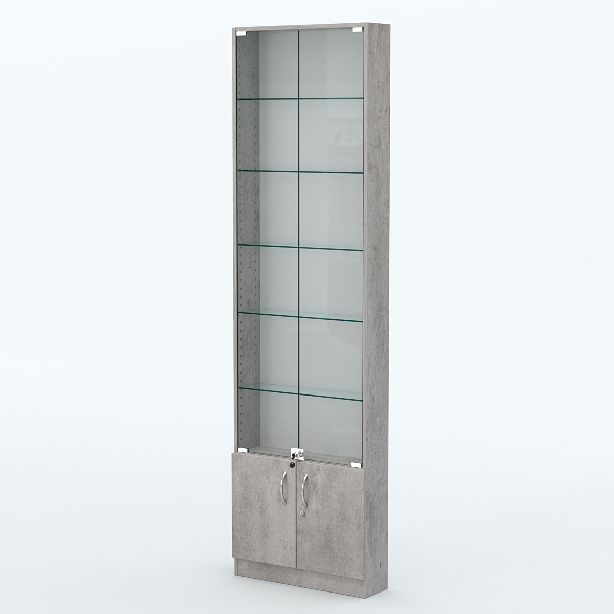 Торговая витрина с 5-ю стеклянными полками 150x600 мм серии NEXT-5 №2 (З/C - ДВП) Бетон Чикаго светло-серый F186 ST9