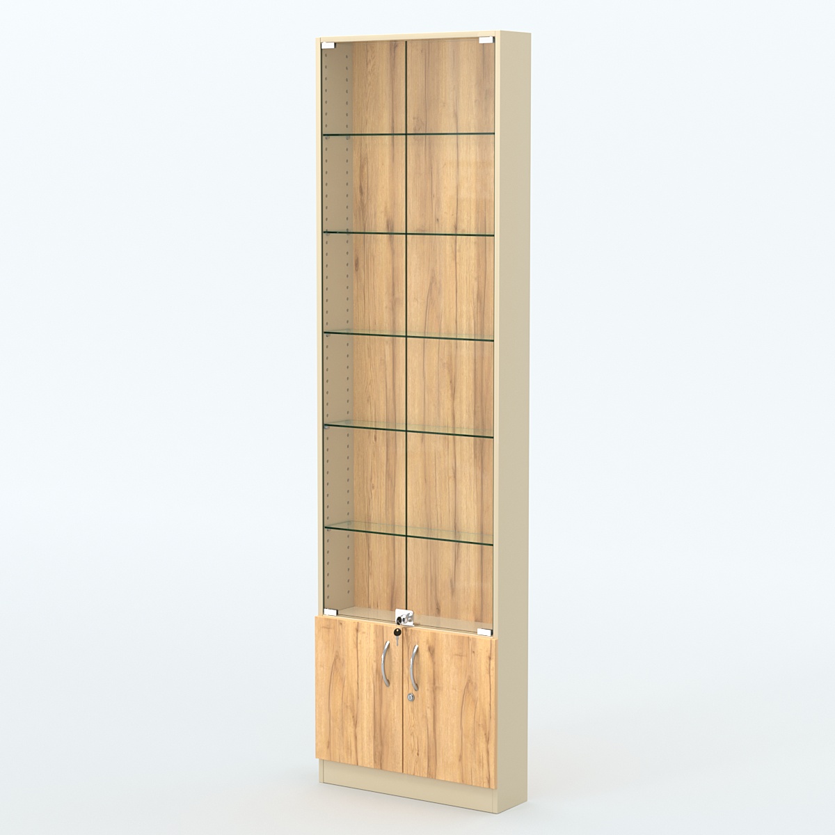 Торговая витрина с 5-ю стеклянными полками 150x600 мм серии NEXT-5 №2 (З/C - ДВП) Крем Вайс и Дуб Золотистый