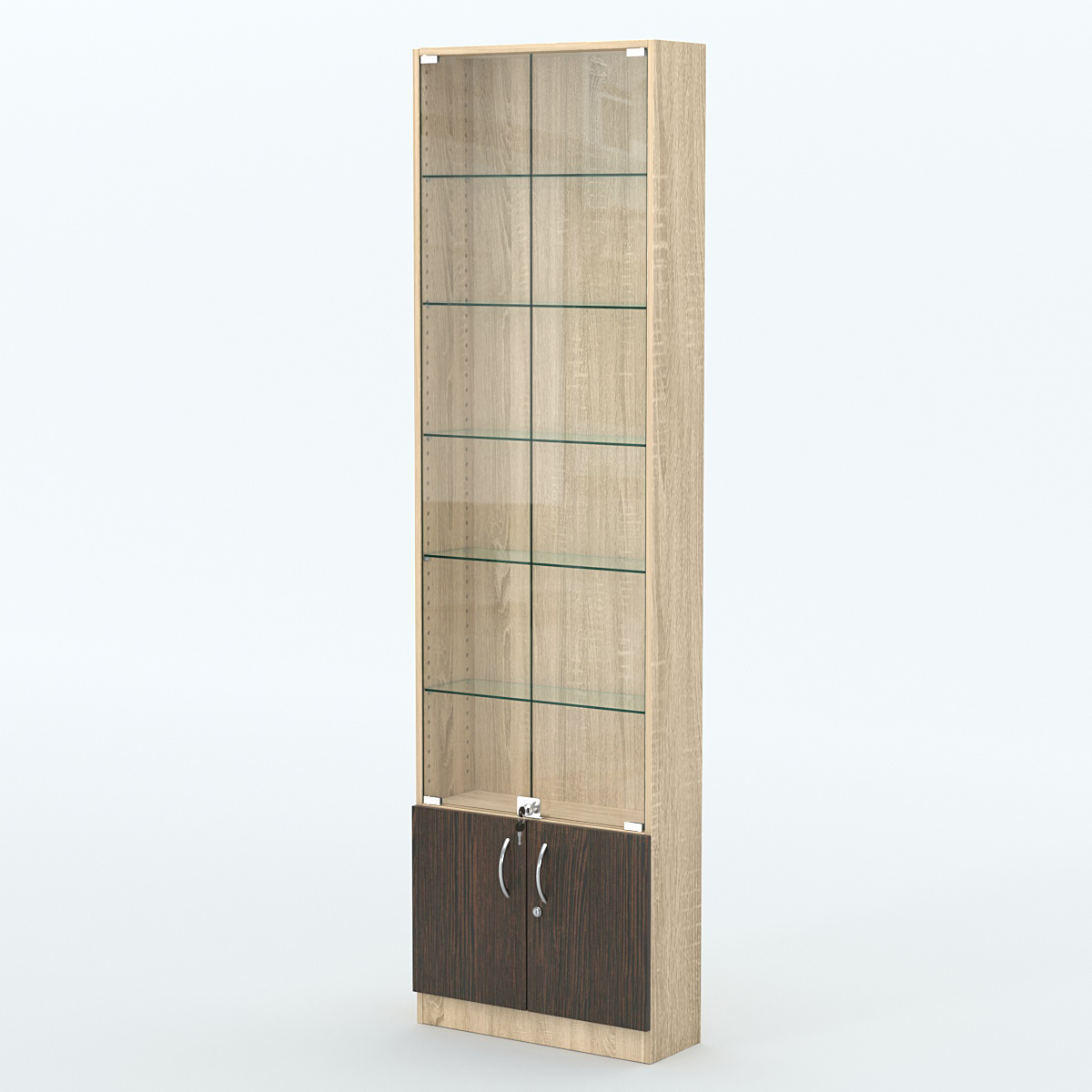 Торговая витрина с 5-ю стеклянными полками 200x600 мм серии NEXT-5 №3 (З/C - ДВП) Дуб Сонома + Дуб Венге