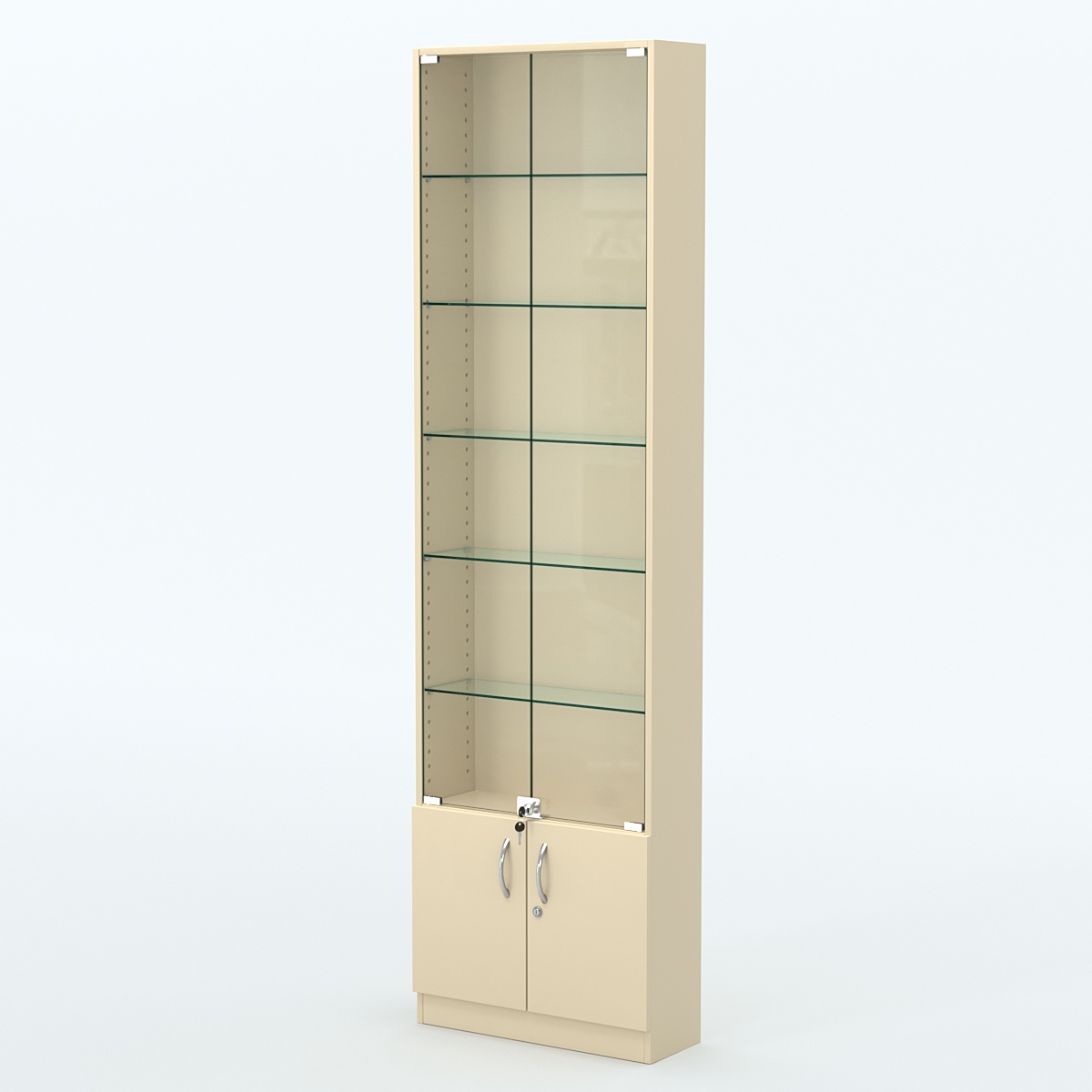 Торговая витрина с 5-ю стеклянными полками 200x600 мм серии NEXT-5 №3 (З/C - ДВП) Крем Вайс