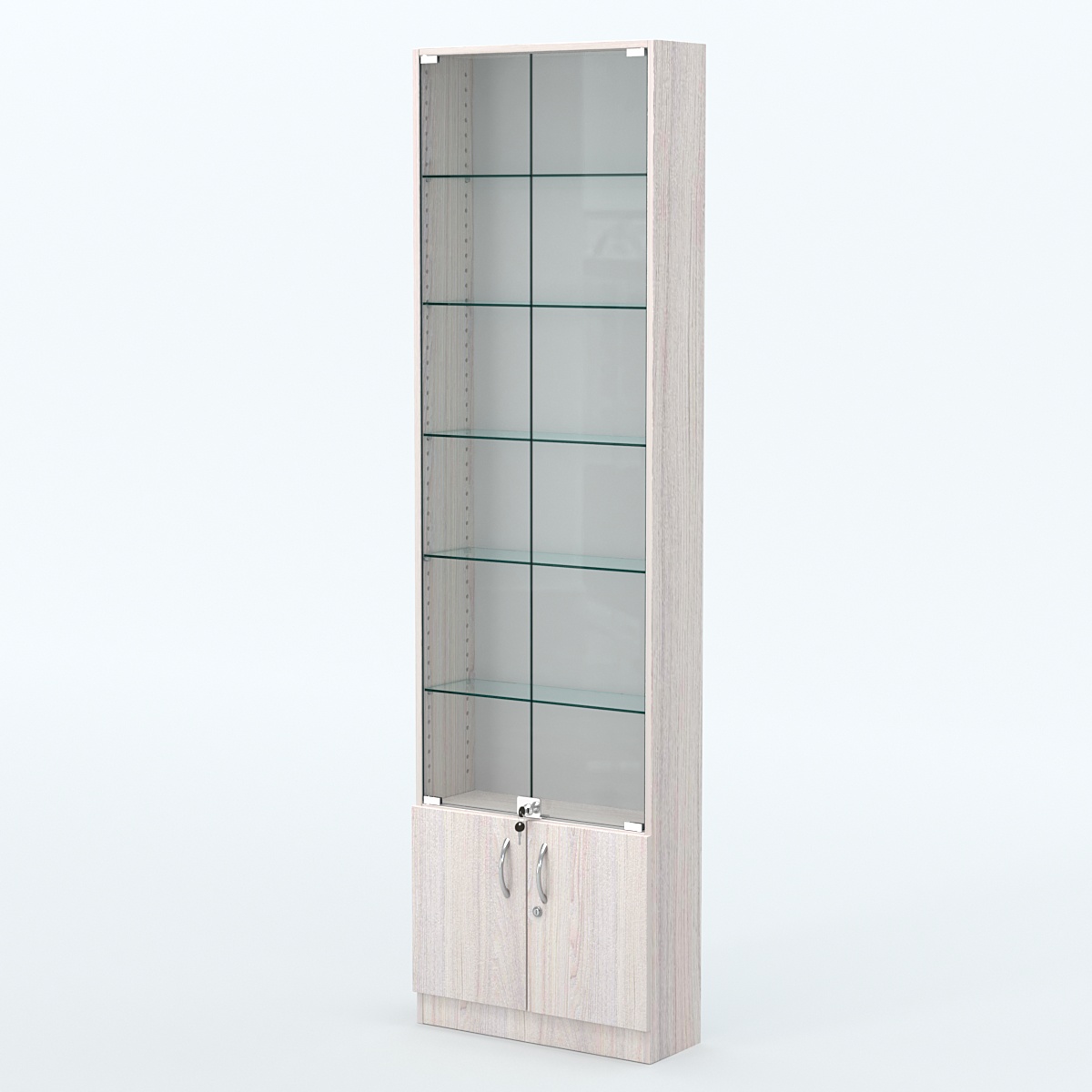 Торговая витрина с 5-ю стеклянными полками 200x600 мм серии NEXT-5 №3 (З/C - ДВП) Ясень Анкор светлый