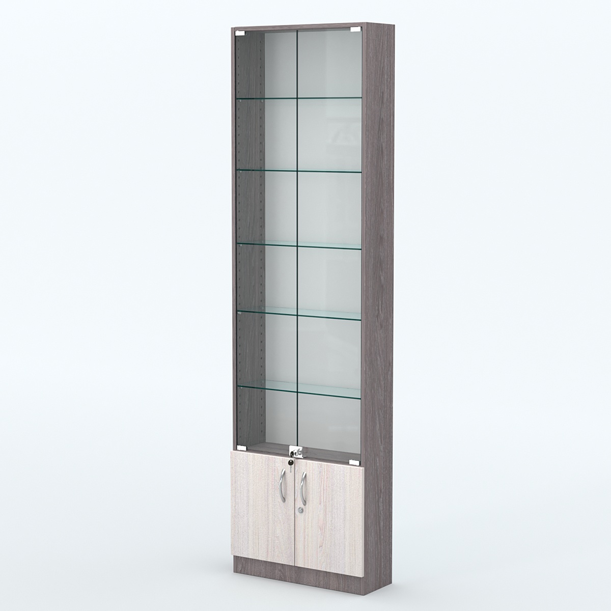 Торговая витрина с 5-ю стеклянными полками 200x600 мм серии NEXT-5 №3 (З/C - ДВП) Ясень Анкор темный + Ясень Анкор светлый