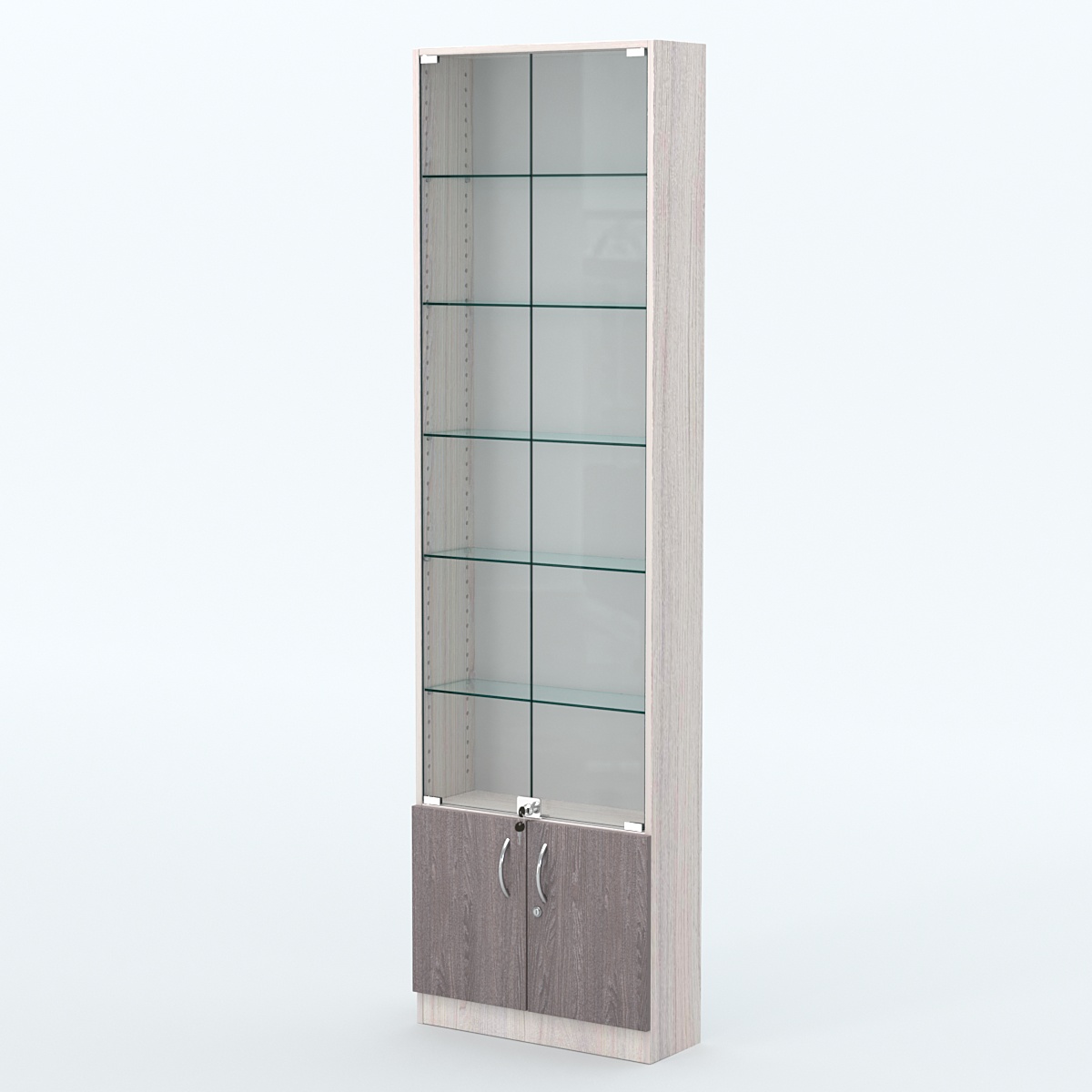 Торговая витрина с 5-ю стеклянными полками 200x600 мм серии NEXT-5 №3 (З/C - ДВП) Ясень Анкор светлый + Ясень Анкор темный