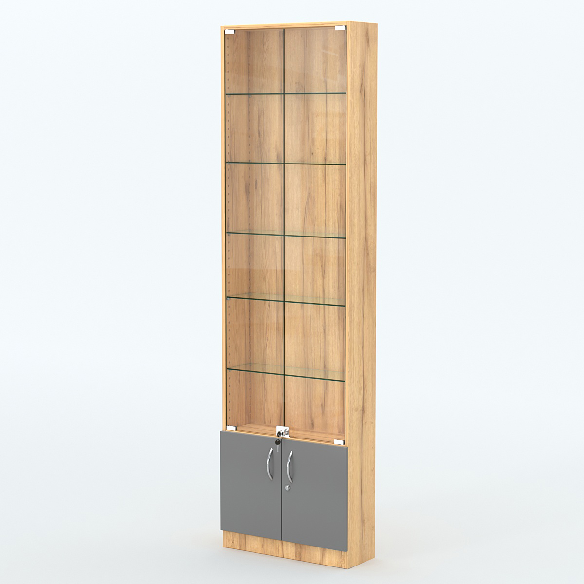 Торговая витрина с 5-ю стеклянными полками 200x600 мм серии NEXT-5 №3 (З/C - ДВП) Дуб Золотистый и Темно-Серый