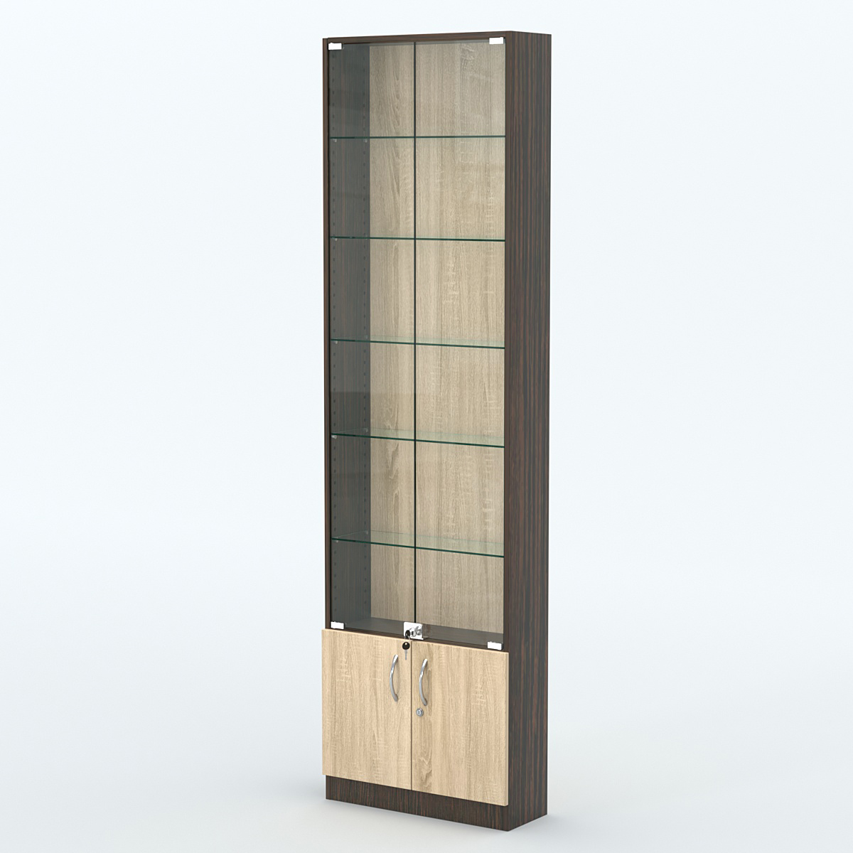 Торговая витрина с 5-ю стеклянными полками 200x600 мм серии NEXT-5 №3 (З/C - ДВП) Дуб Венге + Дуб Сонома