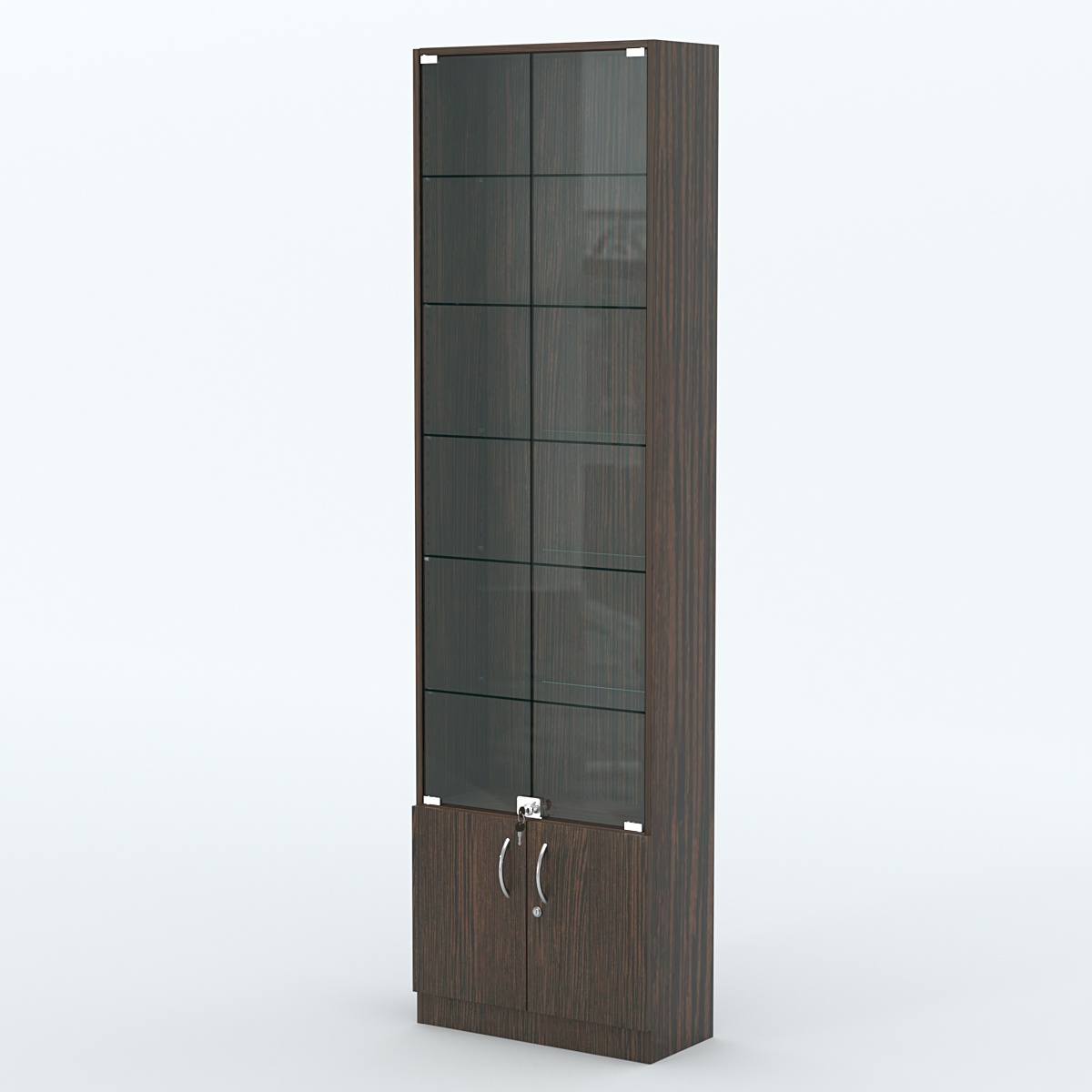 Торговая витрина с 5-ю стеклянными полками 250x600 мм серии NEXT-5 №4 (З/C - ДВП) Дуб Венге