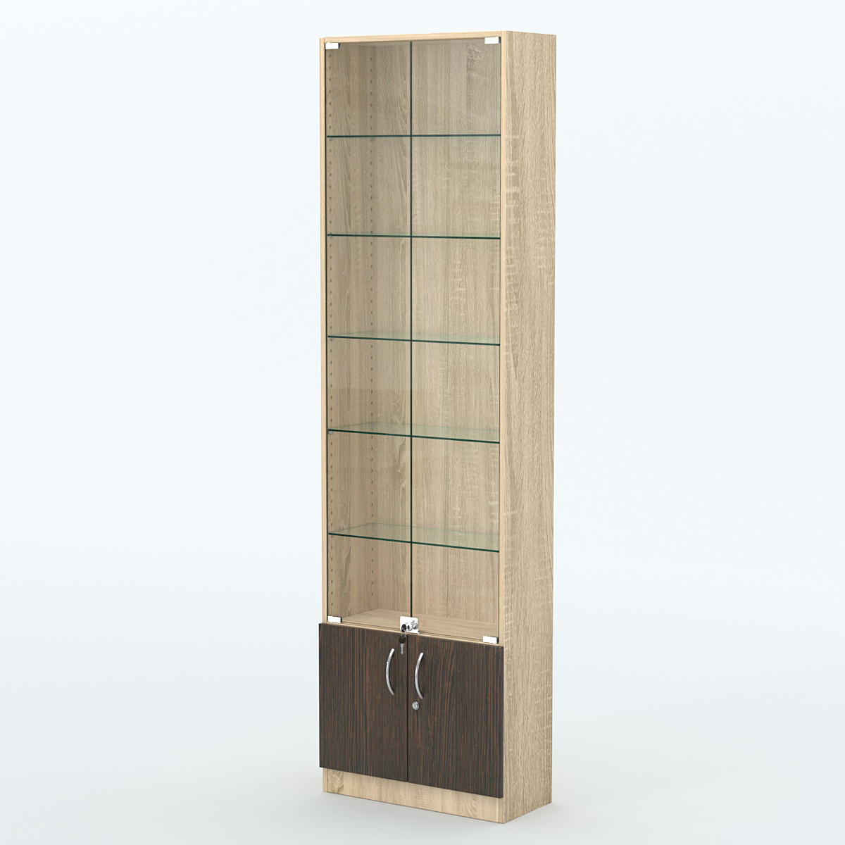 Торговая витрина с 5-ю стеклянными полками 250x600 мм серии NEXT-5 №4 (З/C - ДВП) Дуб Сонома + Дуб Венге