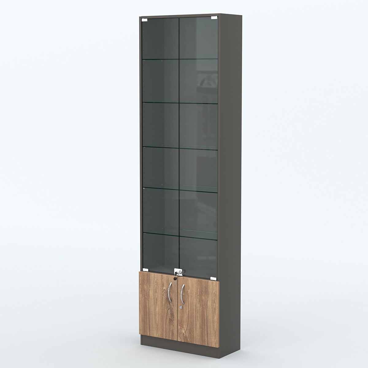 Торговая витрина с 5-ю стеклянными полками 250x600 мм серии NEXT-5 №4 (З/C - ДВП) Черный + Дуб Канзас Коричневый