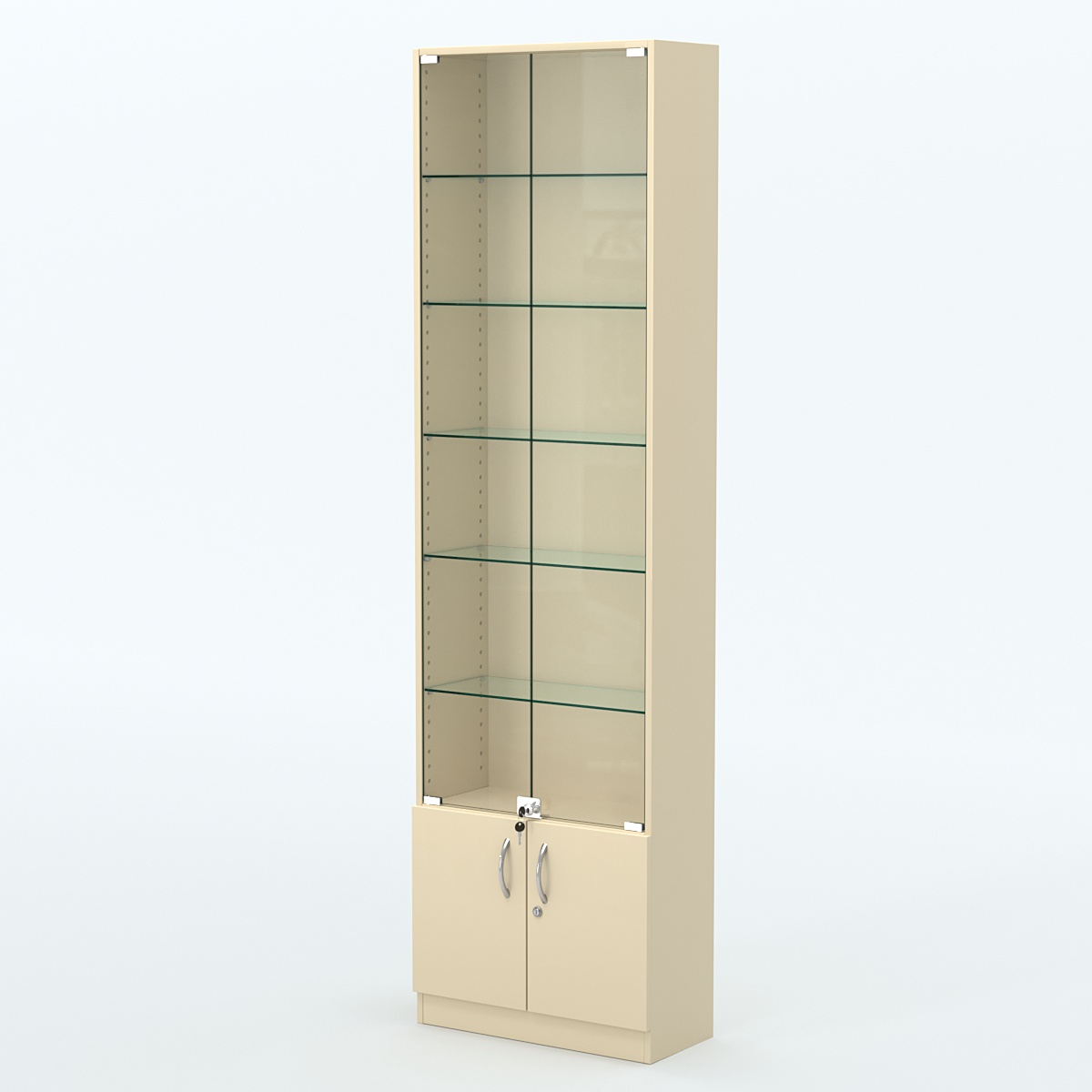 Торговая витрина с 5-ю стеклянными полками 250x600 мм серии NEXT-5 №4 (З/C - ДВП) Крем Вайс