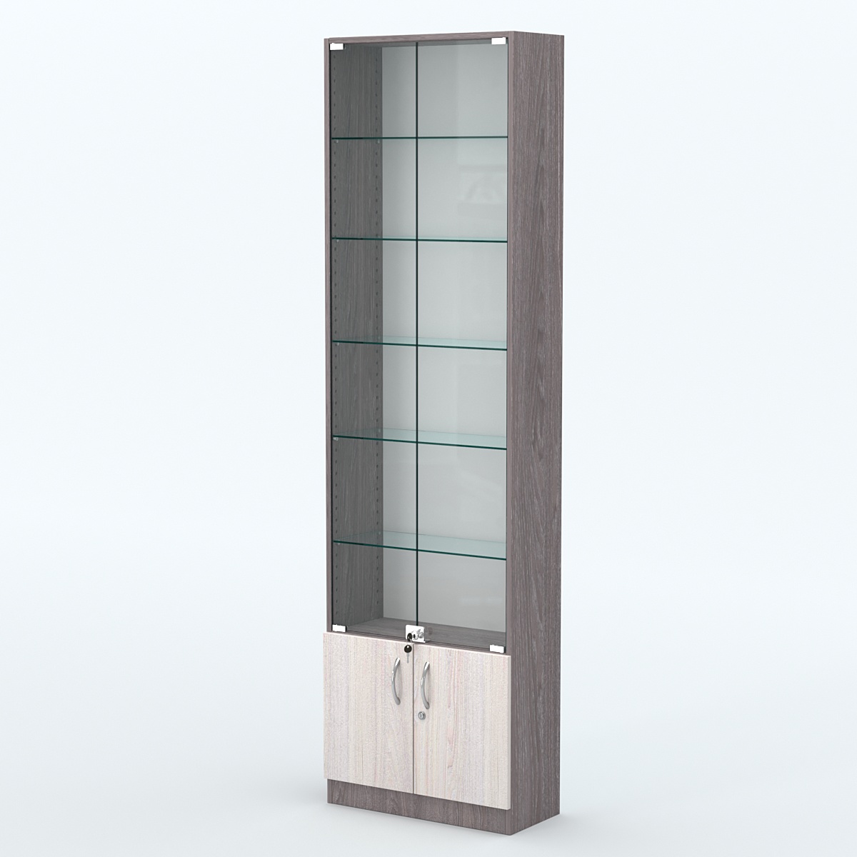 Торговая витрина с 5-ю стеклянными полками 250x600 мм серии NEXT-5 №4 (З/C - ДВП) Ясень Анкор темный + Ясень Анкор светлый