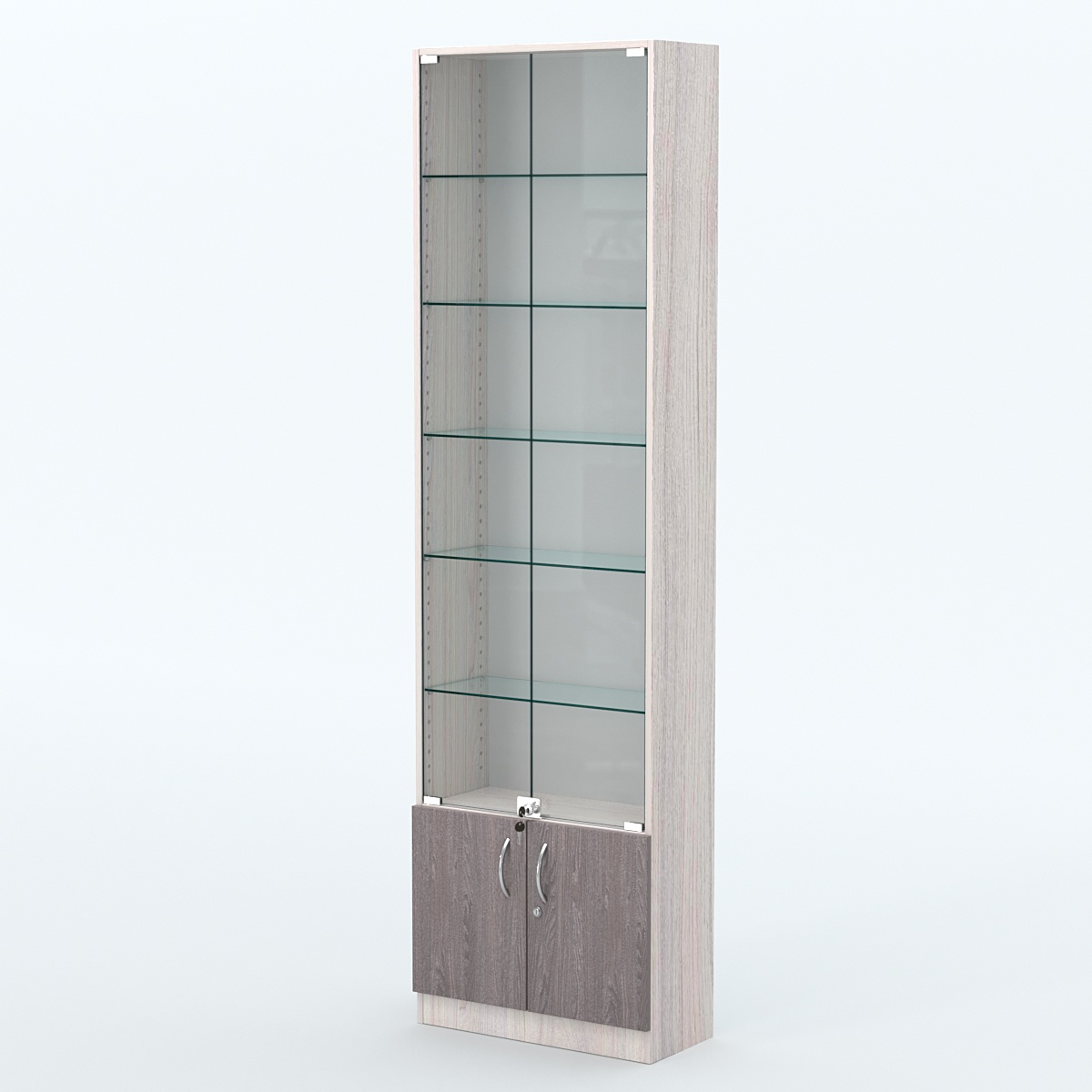 Торговая витрина с 5-ю стеклянными полками 250x600 мм серии NEXT-5 №4 (З/C - ДВП) Ясень Анкор светлый + Ясень Анкор темный