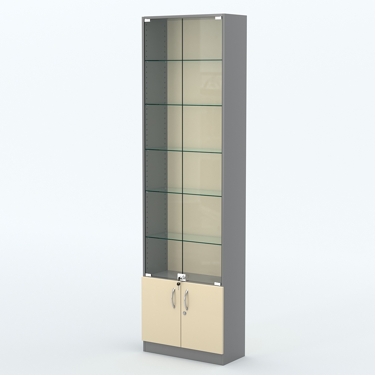 Торговая витрина с 5-ю стеклянными полками 250x600 мм серии NEXT-5 №4 (З/C - ДВП) Темно-серый + Крем Вайс