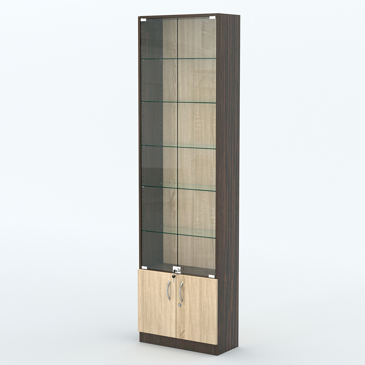Торговая витрина с 5-ю стеклянными полками 250x600 мм серии NEXT-5 №4 (З/C - ДВП) Дуб Венге + Дуб Сонома