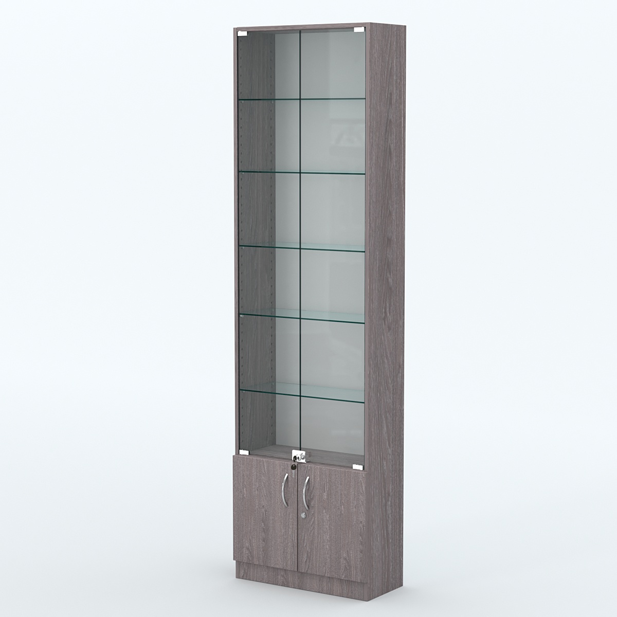 Торговая витрина с 5-ю стеклянными полками 250x600 мм серии NEXT-5 №4 (З/C - ДВП) Ясень Анкор темный