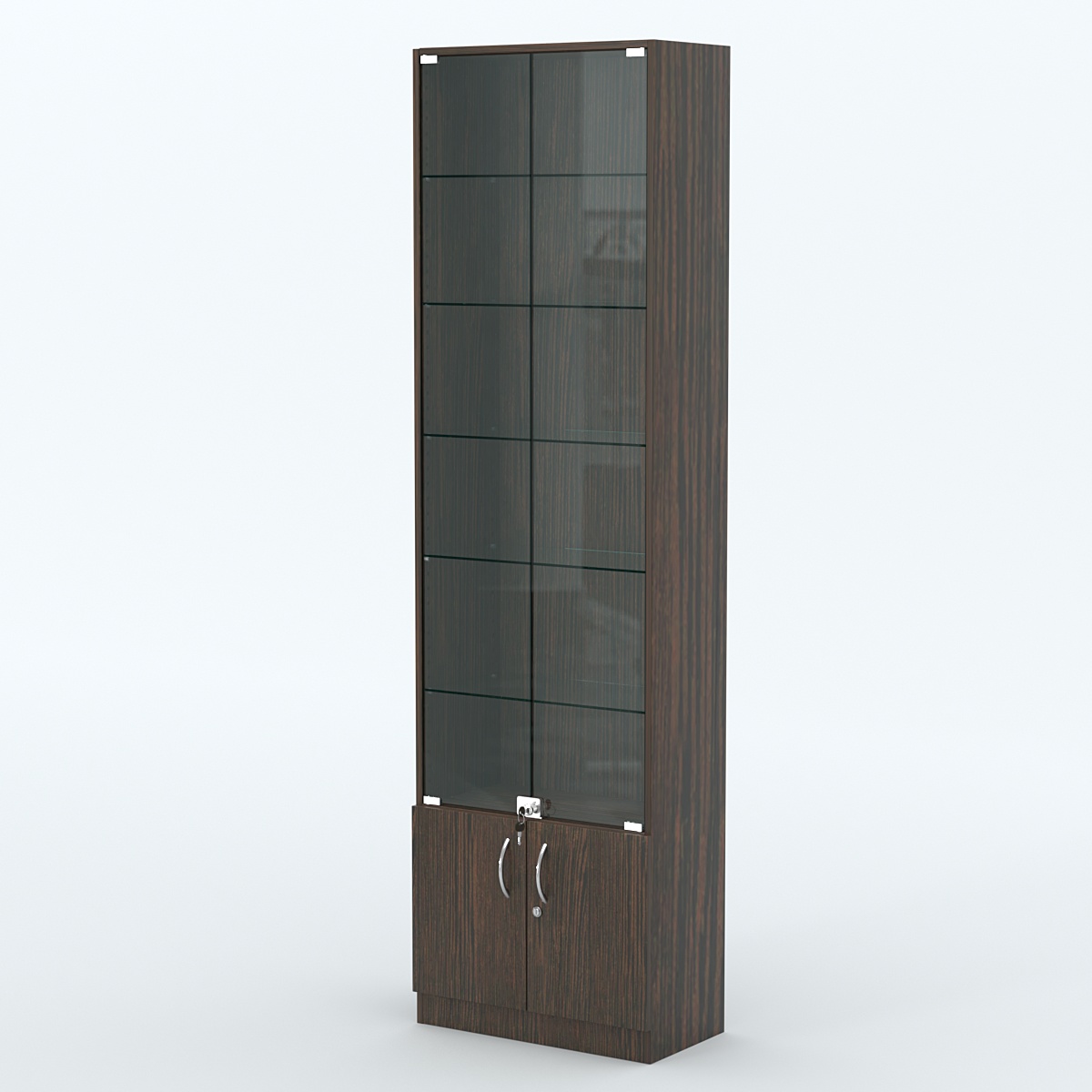 Торговая витрина с 5-ю стеклянными полками 300x600 мм серии NEXT-5 №5 (З/C - ДВП) Дуб Венге