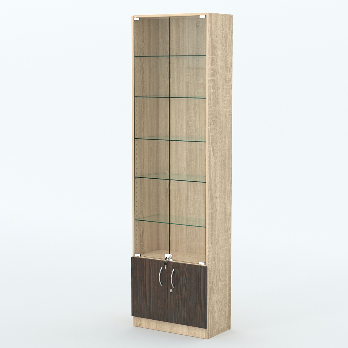 Торговая витрина с 5-ю стеклянными полками 300x600 мм серии NEXT-5 №5 (З/C - ДВП) Дуб Сонома + Дуб Венге