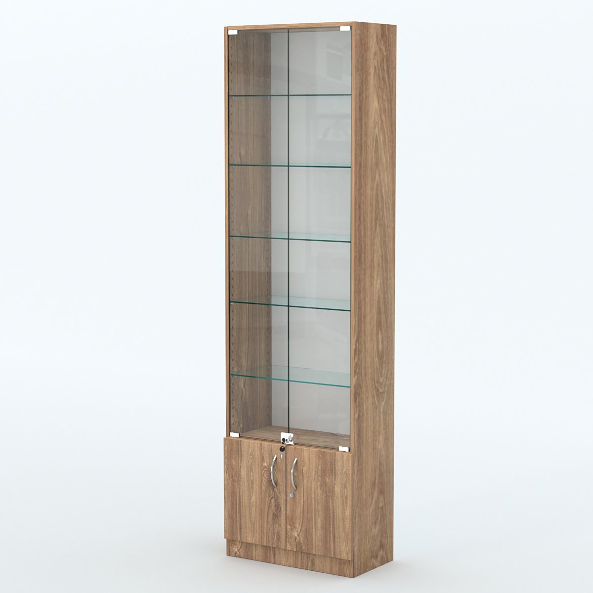 Торговая витрина с 5-ю стеклянными полками 300x600 мм серии NEXT-5 №5 (З/C - ДВП) Дуб Канзас коричневый