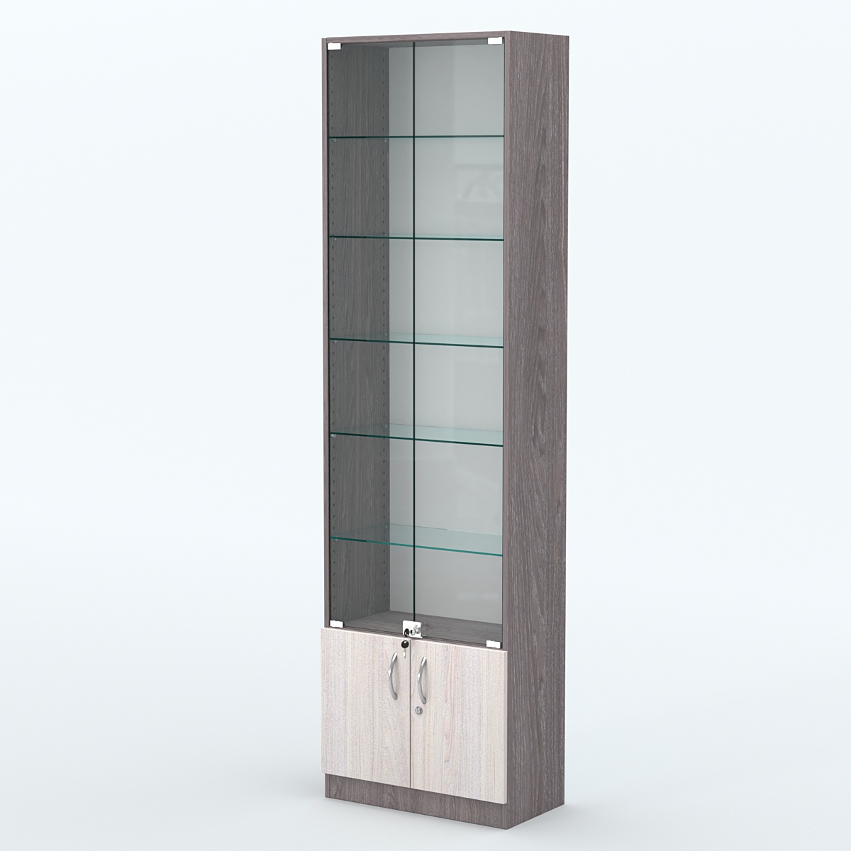 Торговая витрина с 5-ю стеклянными полками 300x600 мм серии NEXT-5 №5 (З/C - ДВП) Ясень Анкор темный + Ясень Анкор светлый