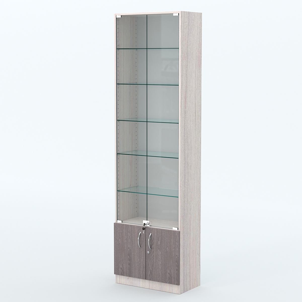 Торговая витрина с 5-ю стеклянными полками 300x600 мм серии NEXT-5 №5 (З/C - ДВП) Ясень Анкор светлый + Ясень Анкор темный