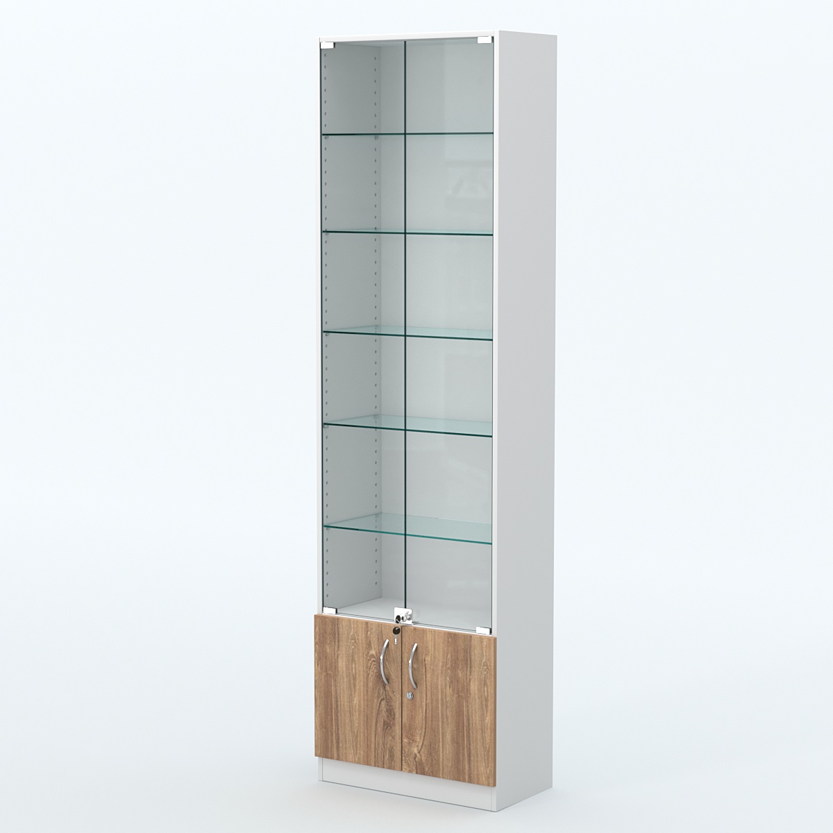 Торговая витрина с 5-ю стеклянными полками 300x600 мм серии NEXT-5 №5 (З/C - ДВП) Белый + Дуб канзас коричневый