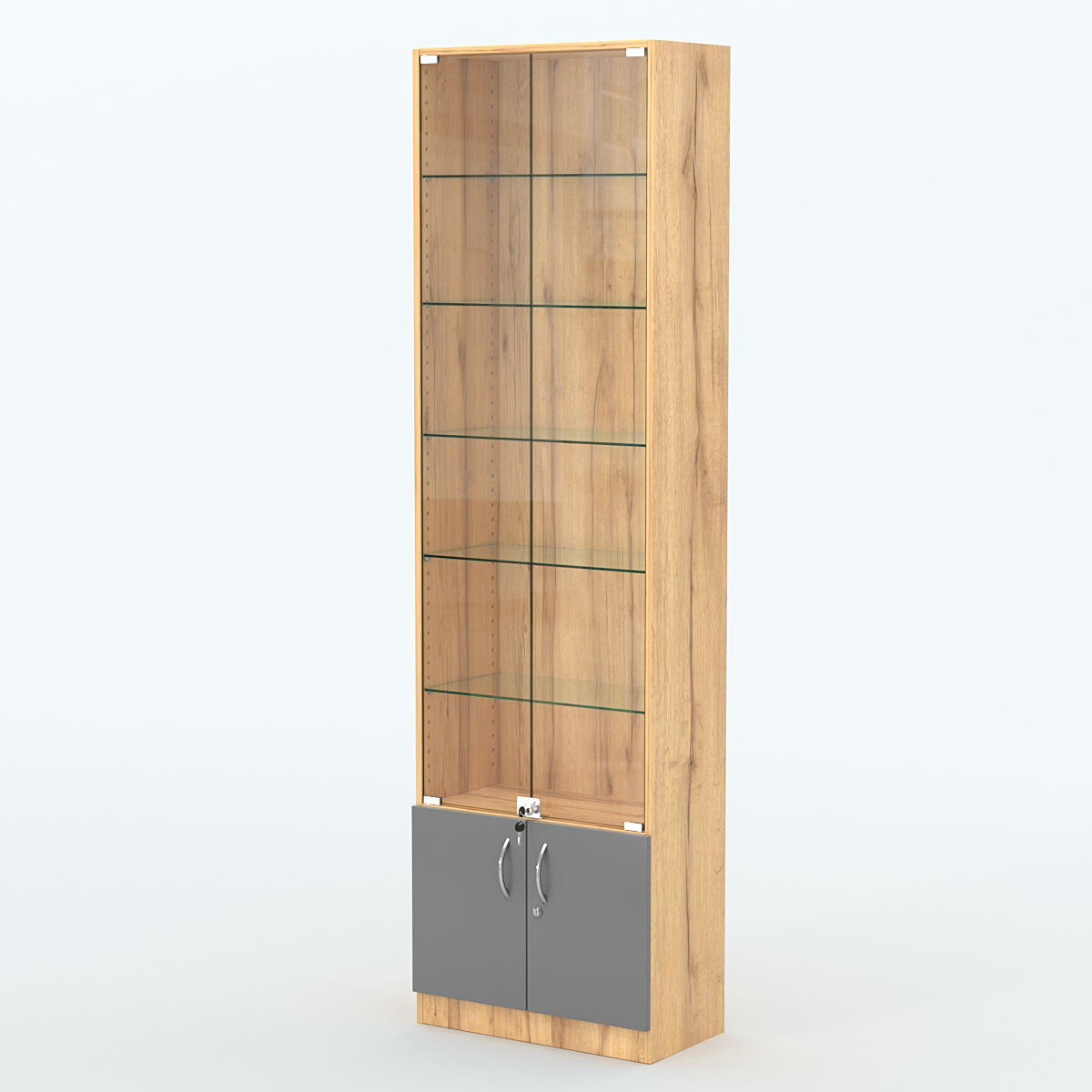 Торговая витрина с 5-ю стеклянными полками 300x600 мм серии NEXT-5 №5 (З/C - ДВП) Дуб Золотистый и Темно-Серый