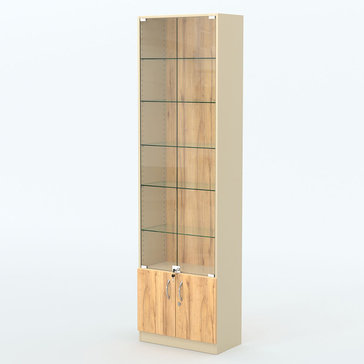 Торговая витрина с 5-ю стеклянными полками 300x600 мм серии NEXT-5 №5 (З/C - ДВП) Крем Вайс и Дуб Золотистый