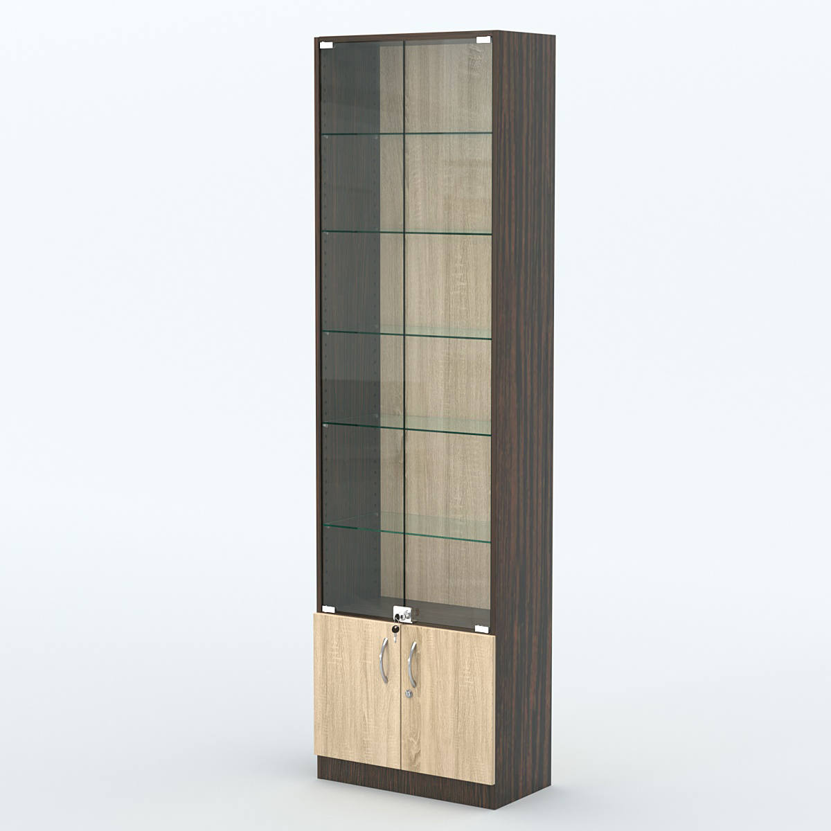 Торговая витрина с 5-ю стеклянными полками 300x600 мм серии NEXT-5 №5 (З/C - ДВП) Дуб Венге + Дуб Сонома