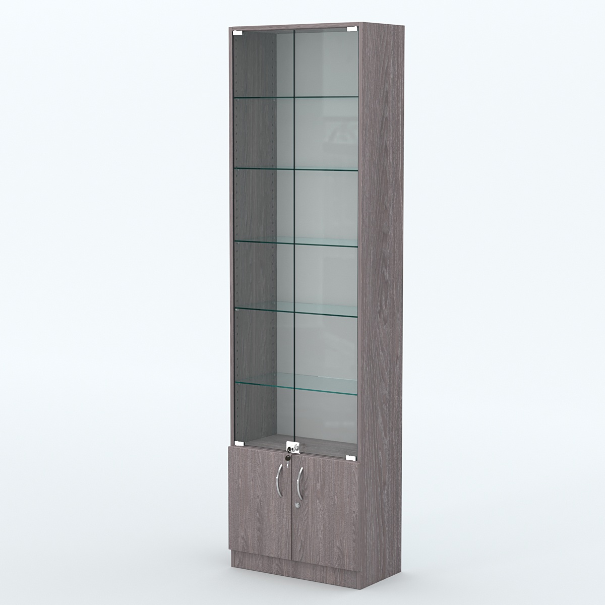 Торговая витрина с 5-ю стеклянными полками 300x600 мм серии NEXT-5 №5 (З/C - ДВП) Ясень Анкор темный