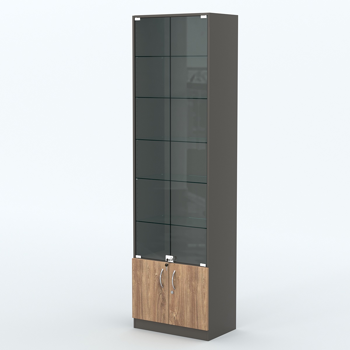 Торговая витрина с 5-ю стеклянными полками 350x600 мм серии NEXT-5 №6 (З/C - ДВП) Черный + Дуб Канзас Коричневый